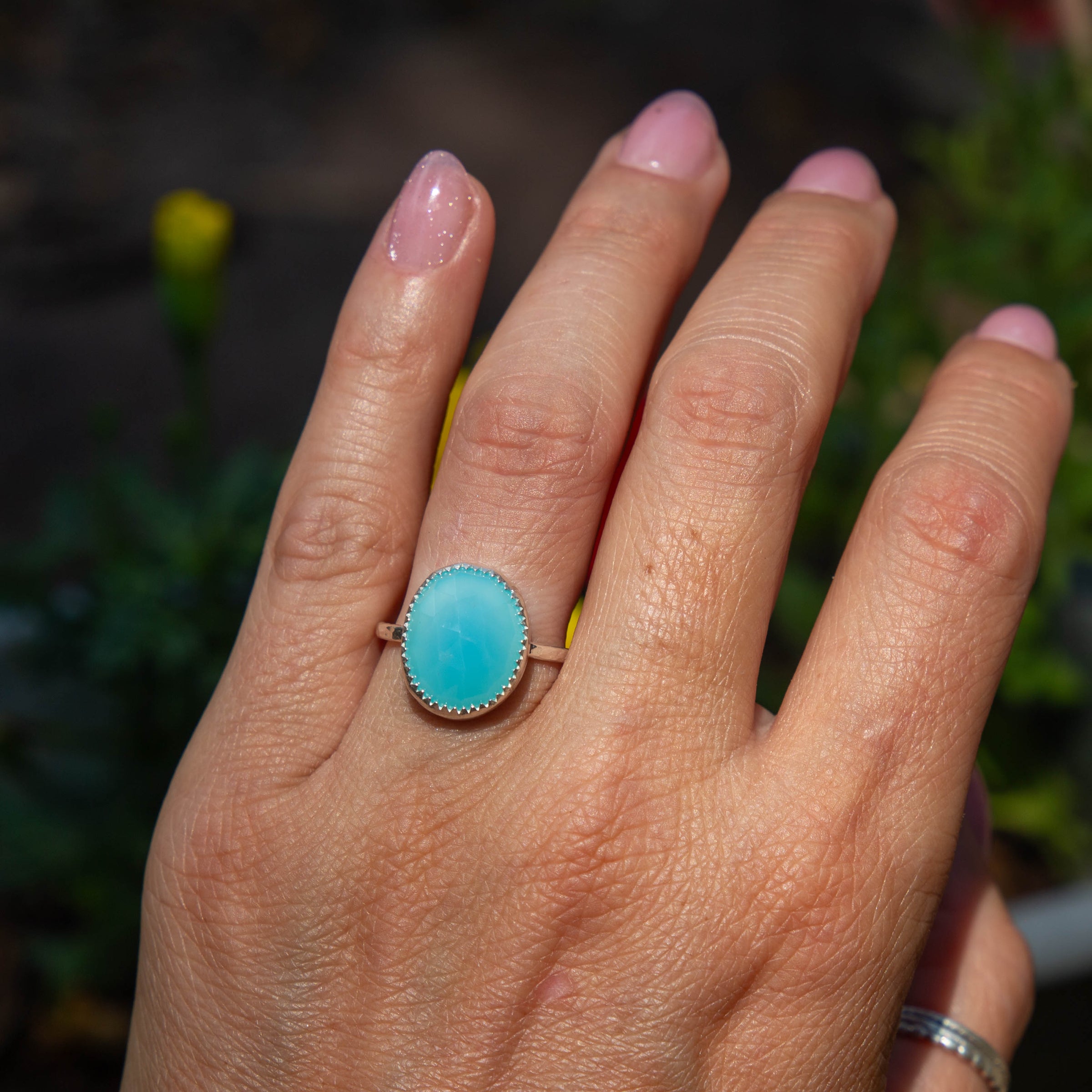 7 Light Blue Chalcedony Sterling Silver Stacker Ring (Size 7)