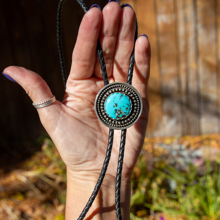 42" Campitos Turquoise Sterling Silver Circle Leather Bolo