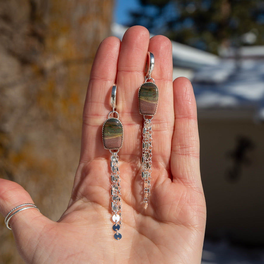 Ocean Jasper Party Dangle Sterling Silver Hoop Earrings