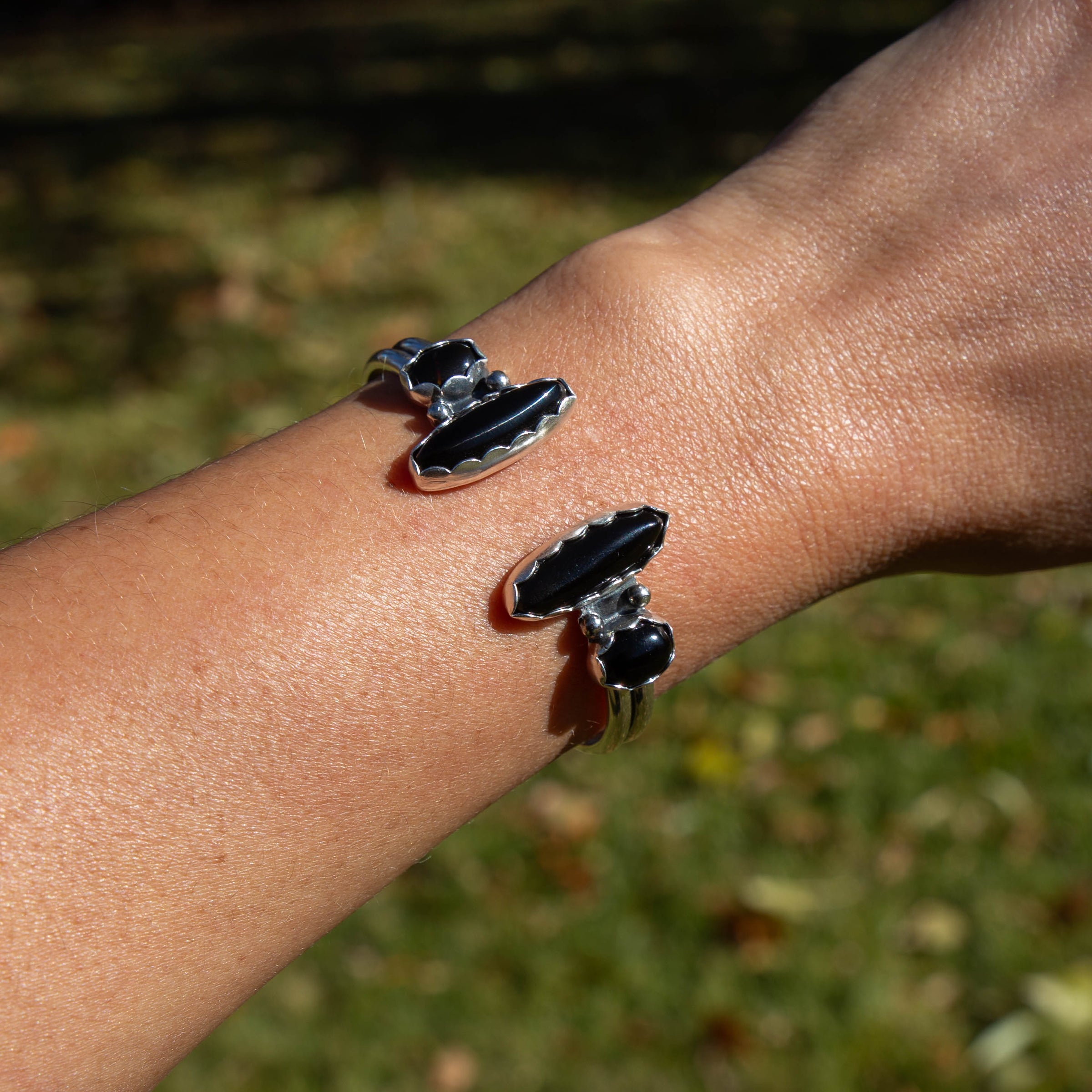 Black Onyx Double Stone Sterling Silver Open Cuff