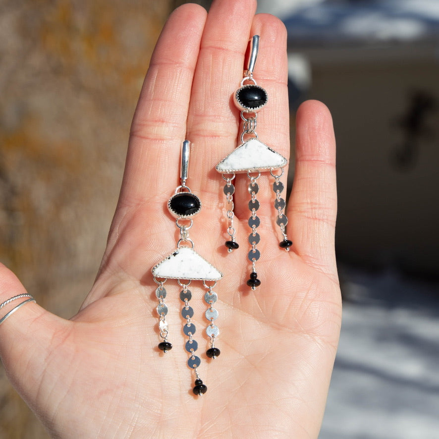 White Buffalo & Black Onyx Sterling Silver Dangle Earrings