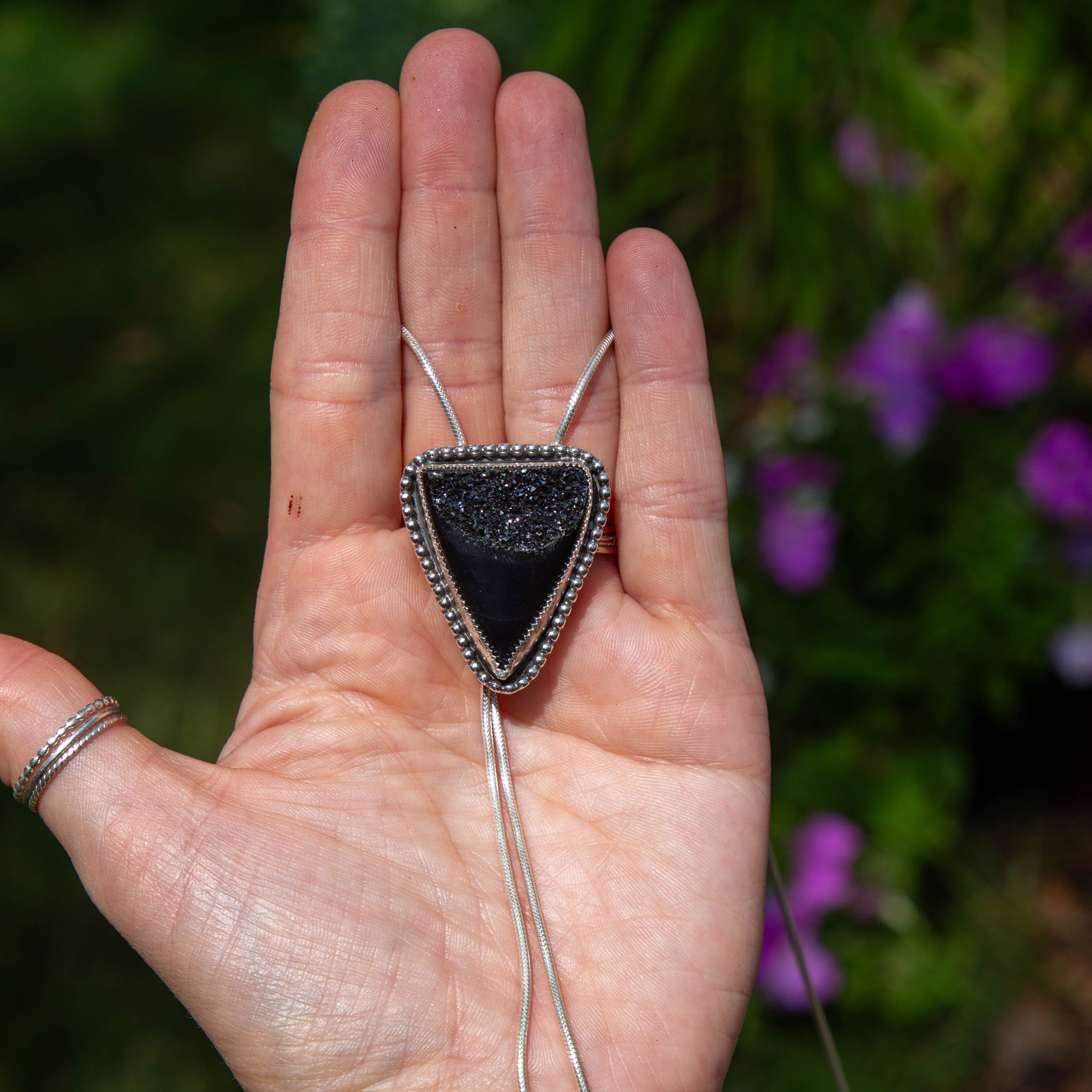 36" Black Druzy Agate Triangle Sterling Silver Chain Bolo La Femme
