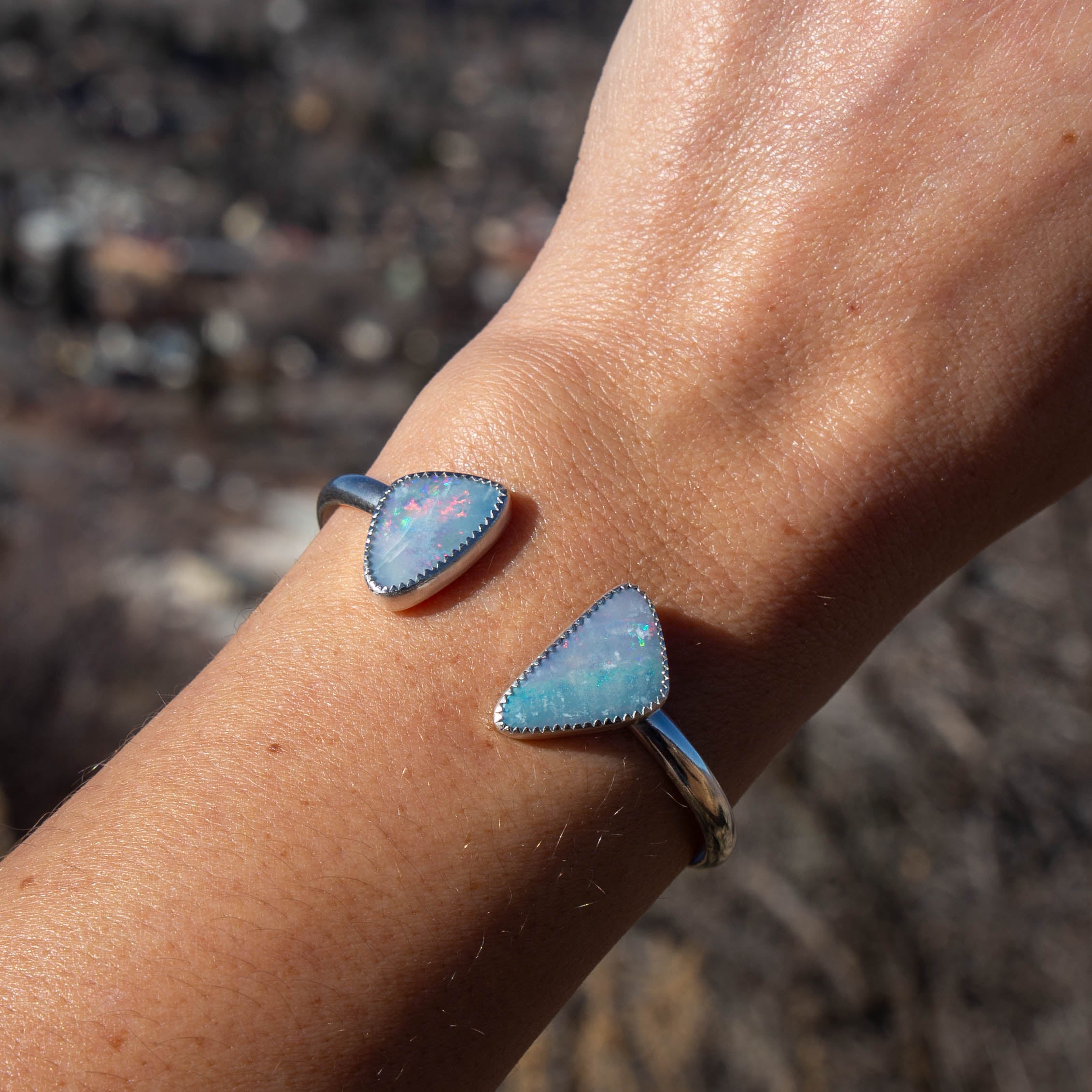 Opal Doublet Double Stone Sterling Silver Open Cuff