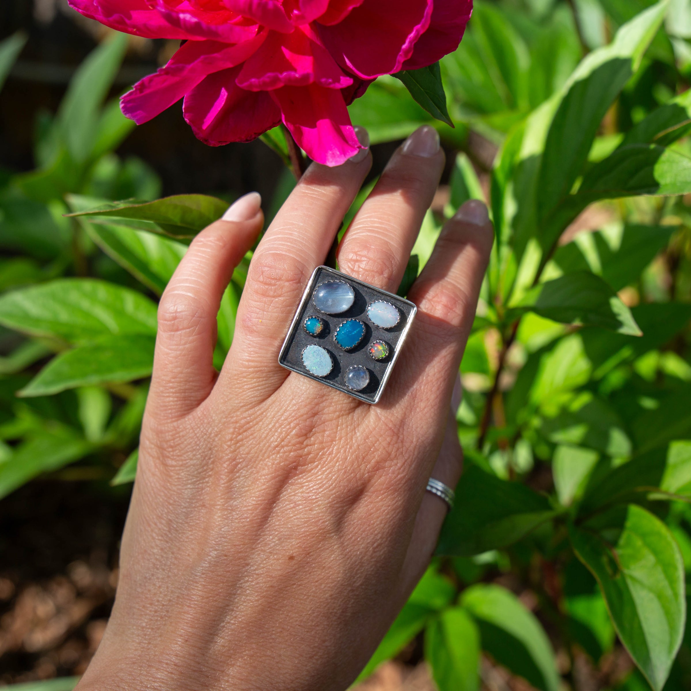 7.5 Opal & Moonstone Multi-Stone Square Sterling Silver Cluster Statement Ring (Size 7.5)