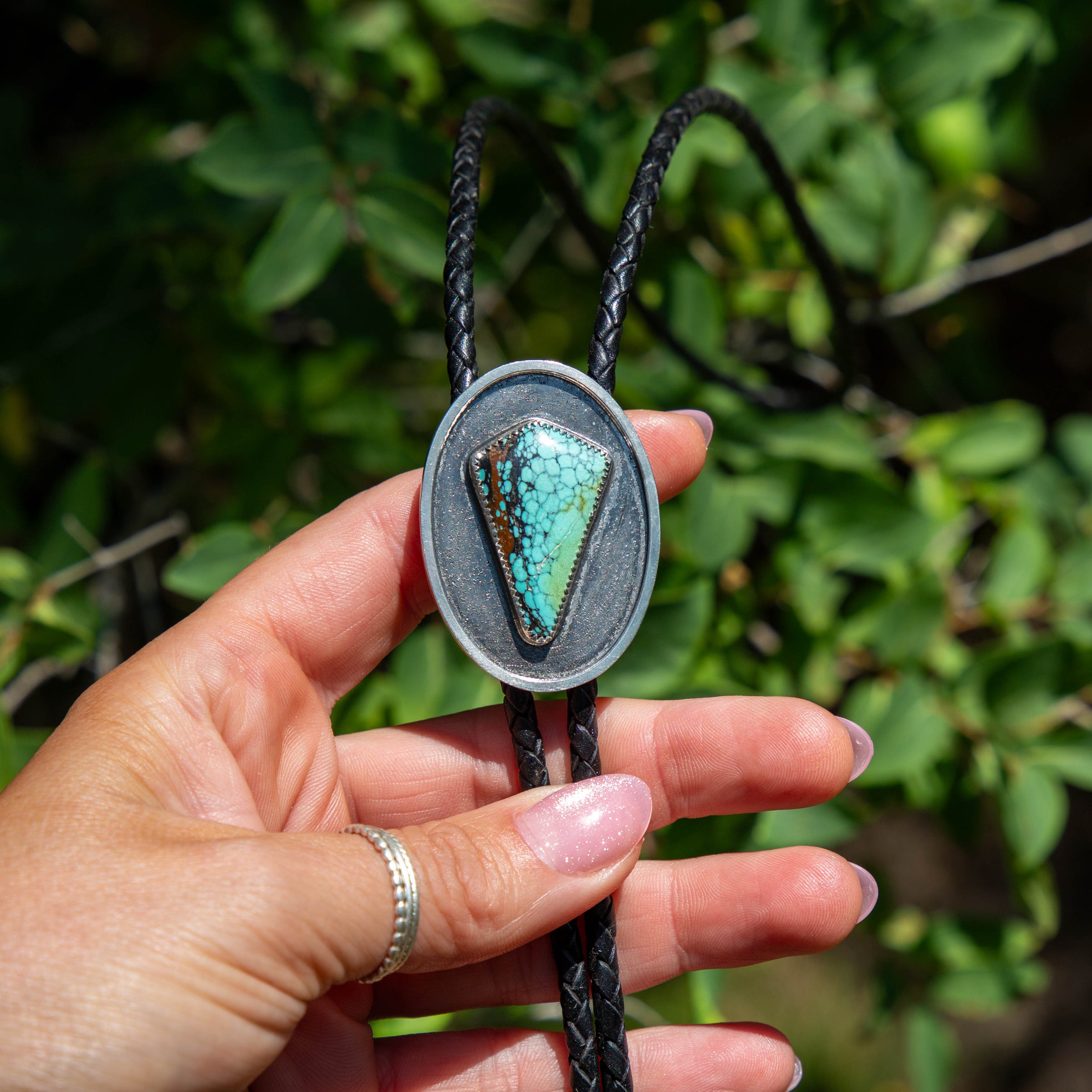 42" Hubei Turquoise Shadowbox Sterling Silver Bolo