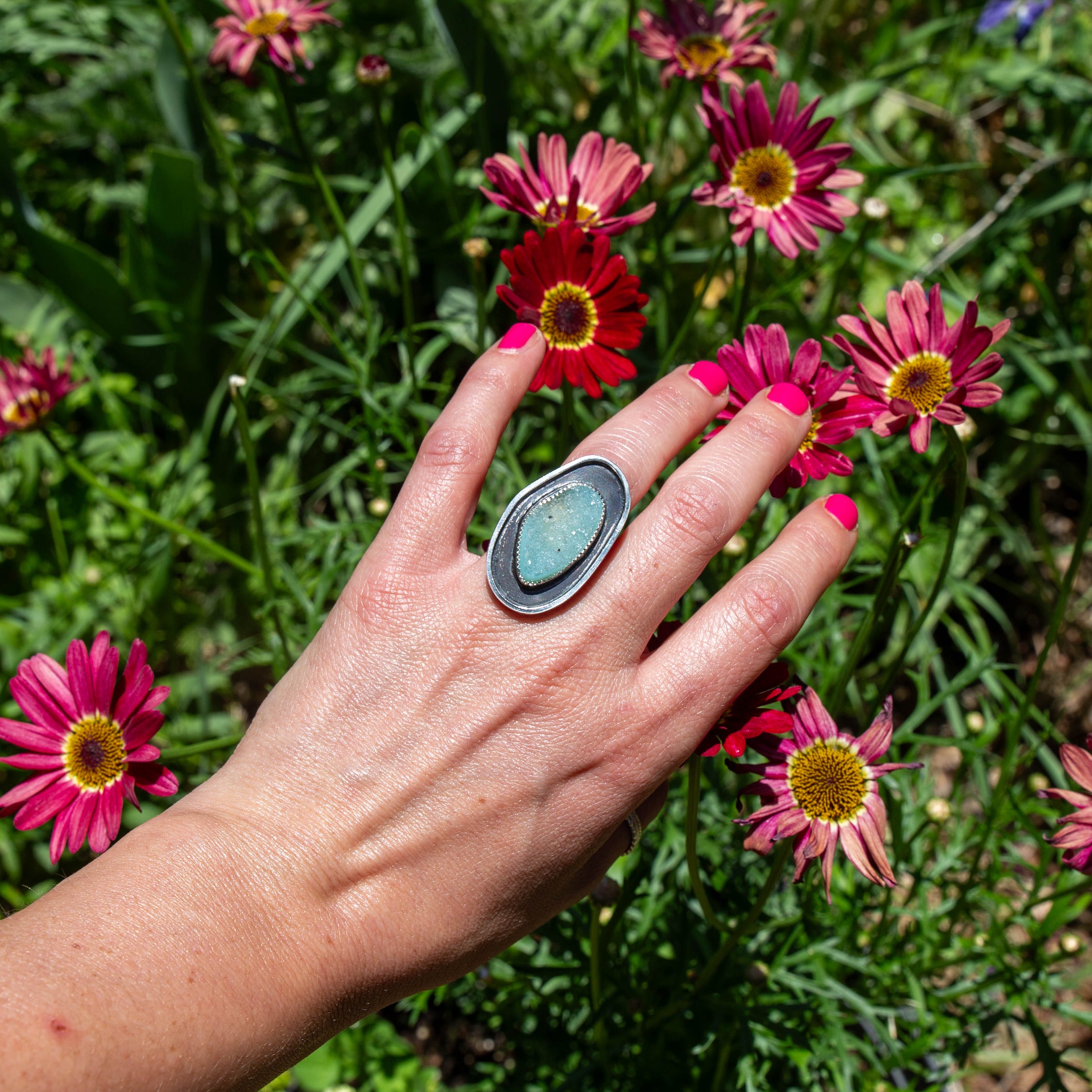 6 Light Blue Druzy Quartz Sterling Silver Statement Ring (Size 6)