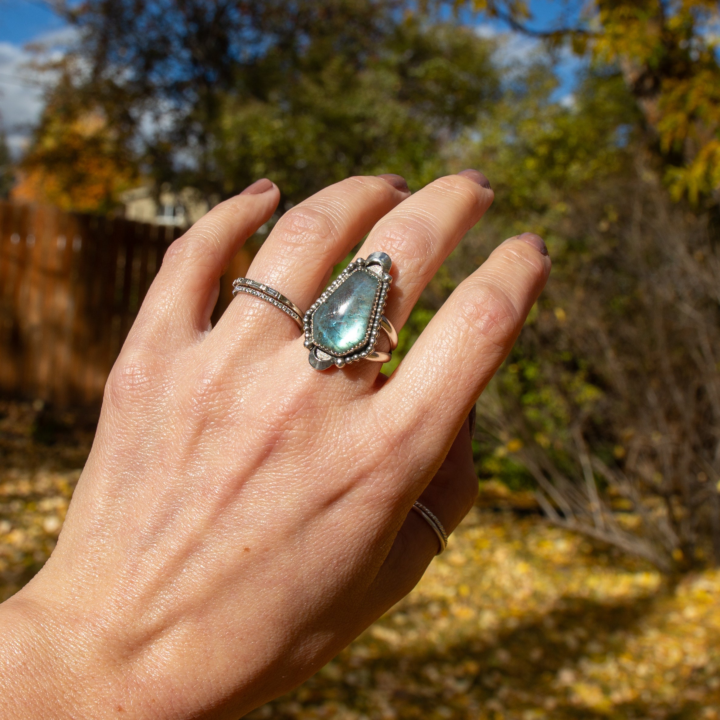 7.75 Labradorite Coffin Shaped Sterling Silver Statement Ring (Size 7.75)