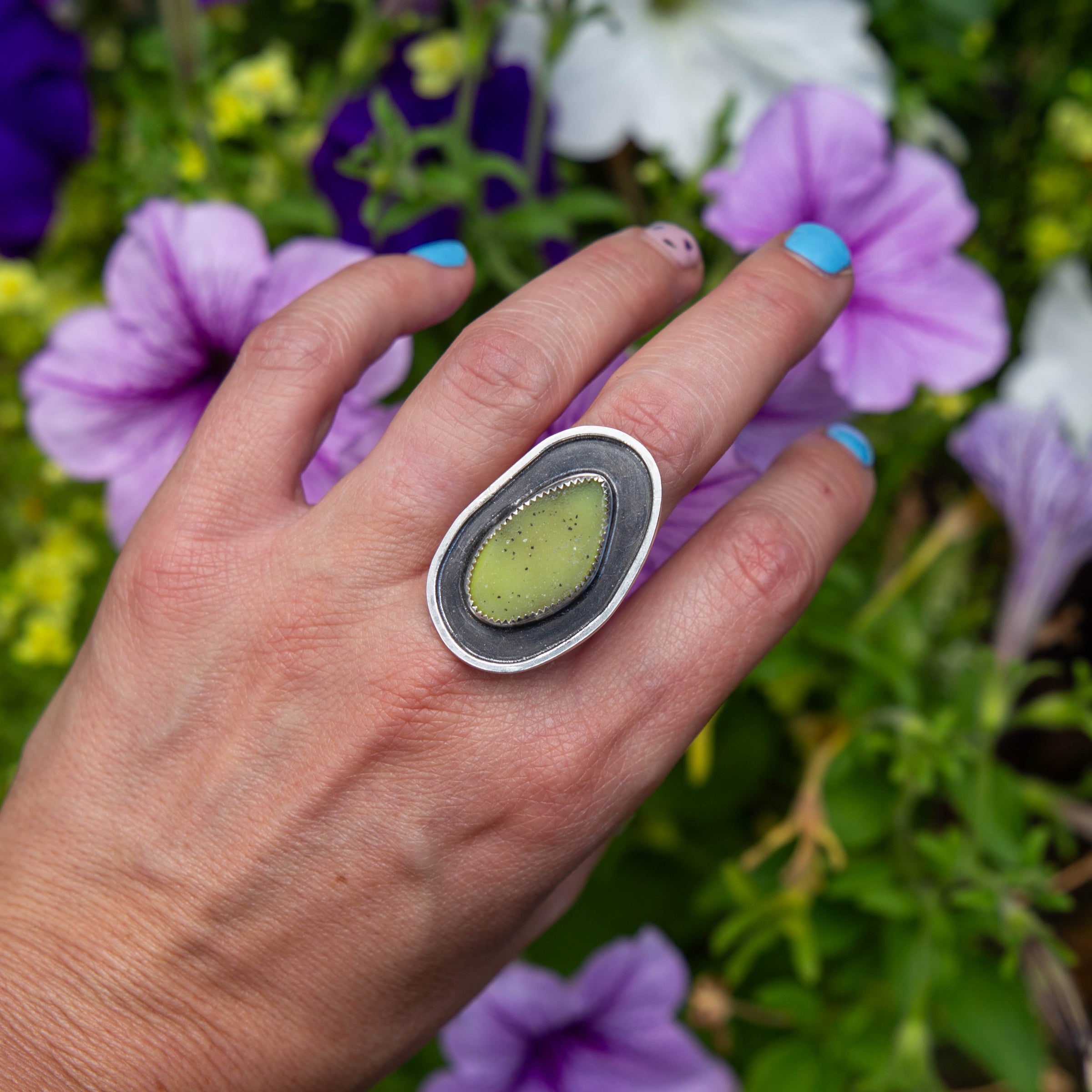 7 Green Druzy Quartz Sterling Silver Statement Ring (Size 7)