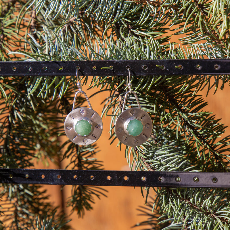 Aventurine Sterling Silver Stamped 1" Circle Earrings