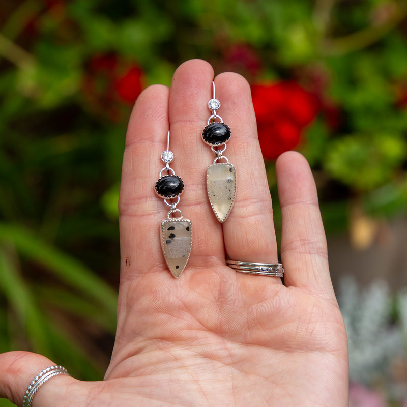 Black Onyx & Druzy Quartz Sterling Silver Dangle Earrings