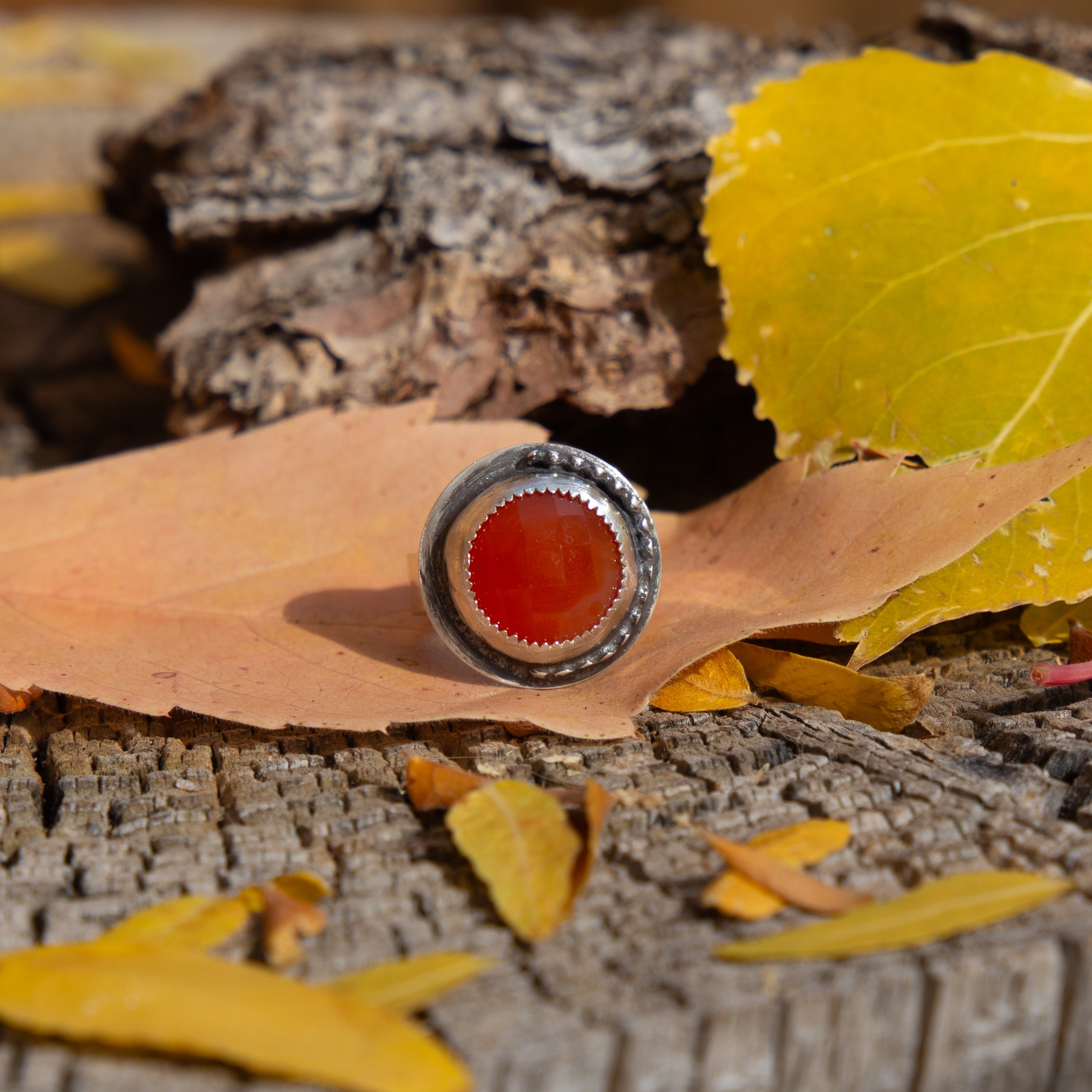 7 Carnelian Circle Art Deco Sterling Silver Ring (Size 7)