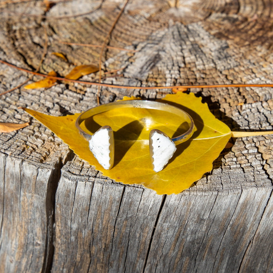 White Buffalo Triangle Double Stone Sterling Silver Open Cuff #6