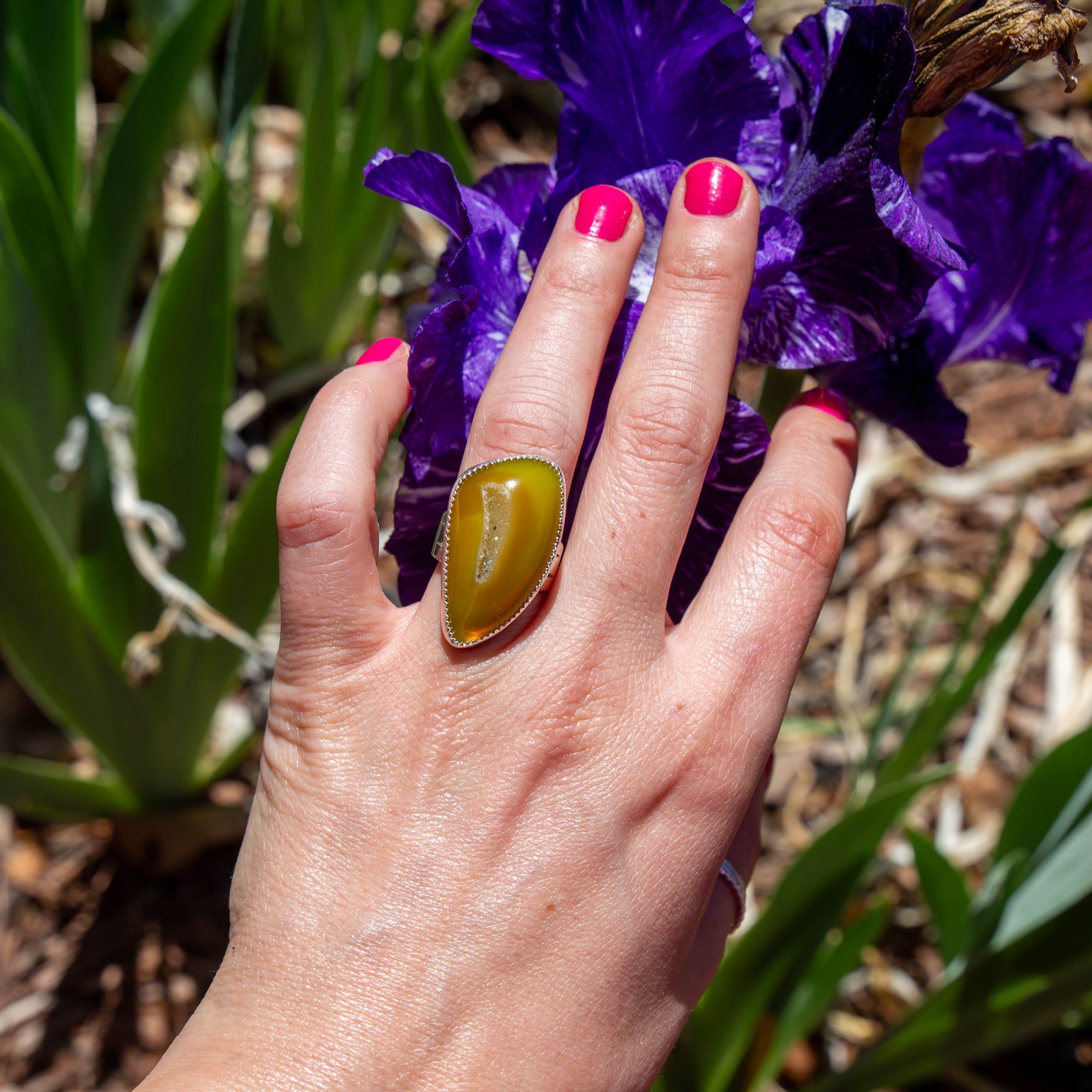 6 Druzy Yellow Agate Sterling Silver Statement Ring (Size 6)
