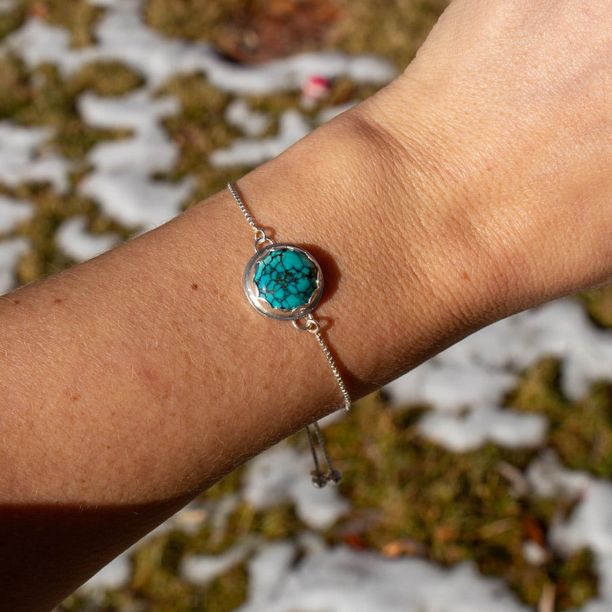 Turquoise Circle Sterling Silver Slider Adjustable Bracelet - 8.5"