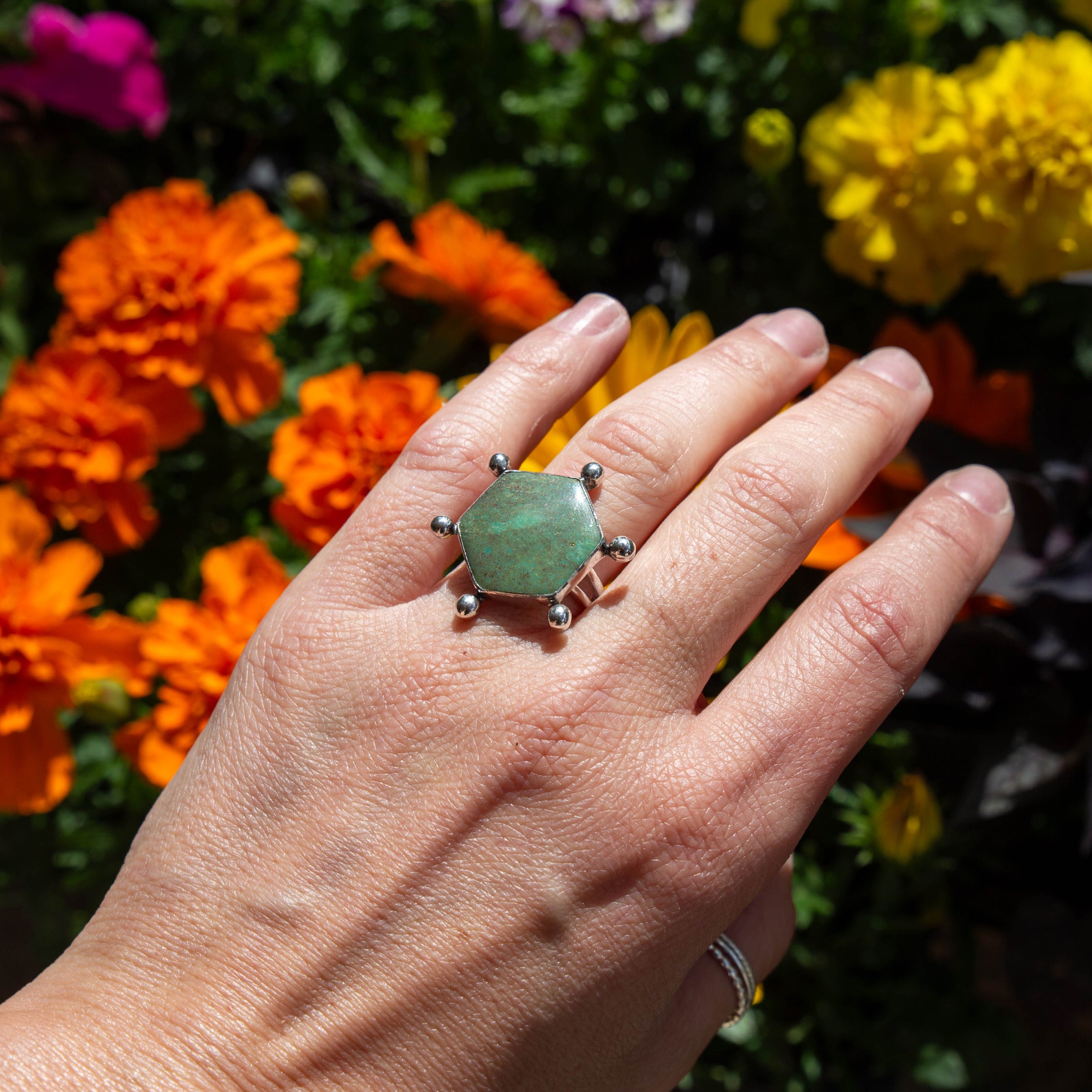 6.25 Hubei Turquoise Space Cowgirl Design Sterling Silver Ring (Size 6.25)