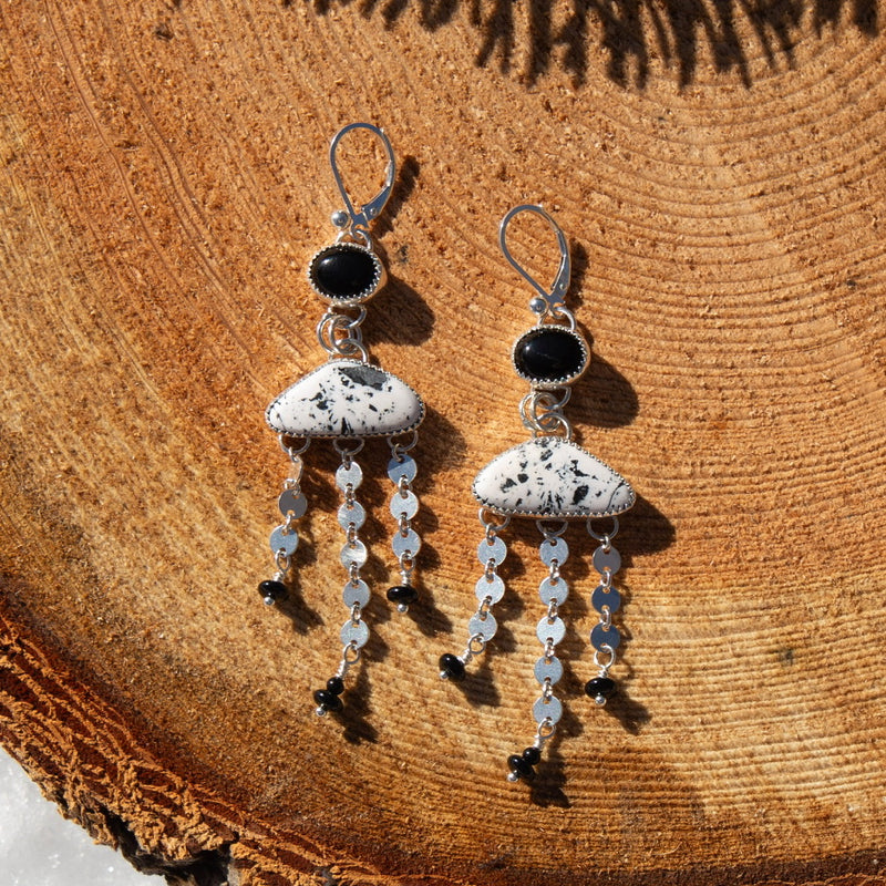 White Buffalo & Black Onyx Sterling Silver Dangle Earrings