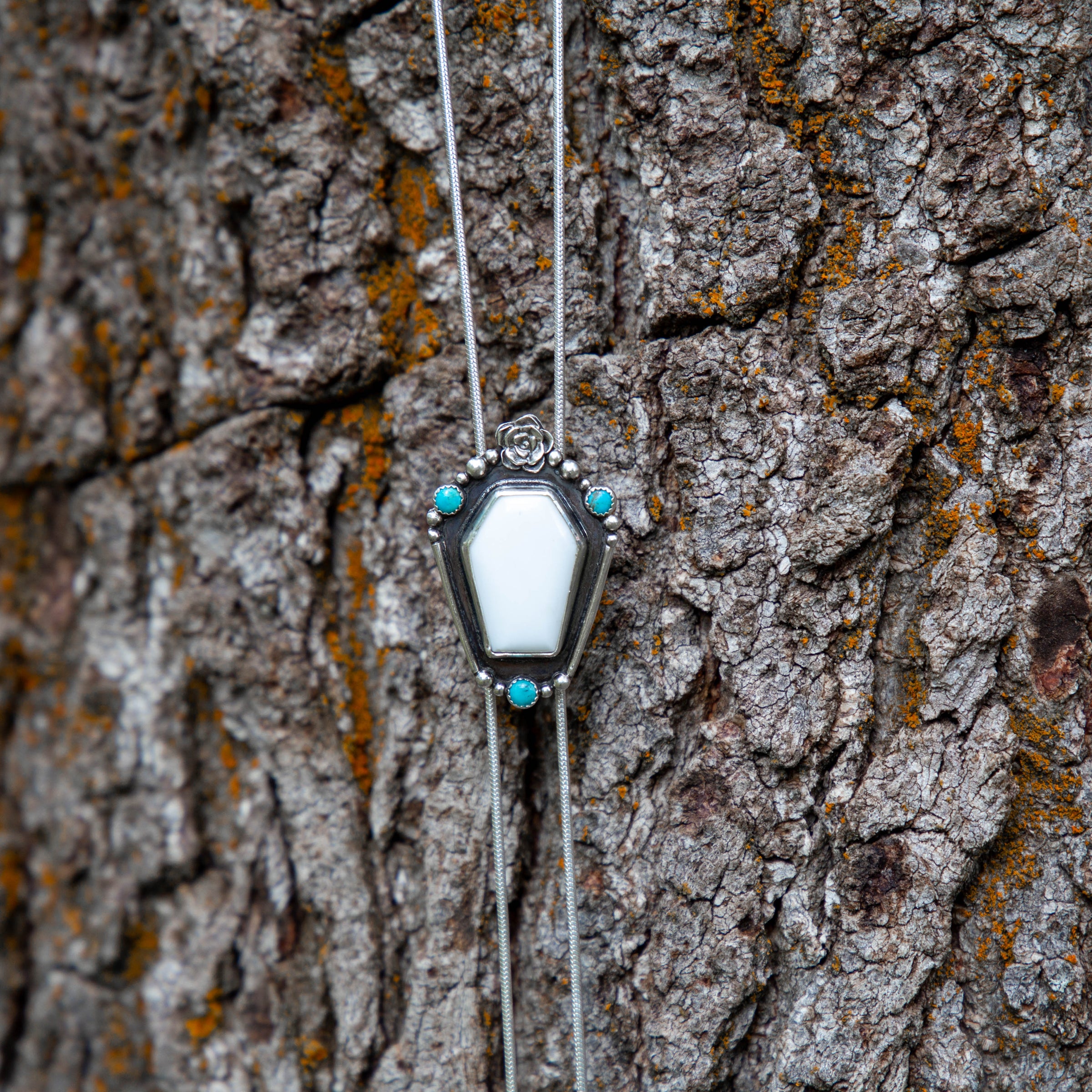 38" White Buffalo Coffin-Shaped Stone with Kingman Turquoise Sterling Silver Chain Bolo La Femme