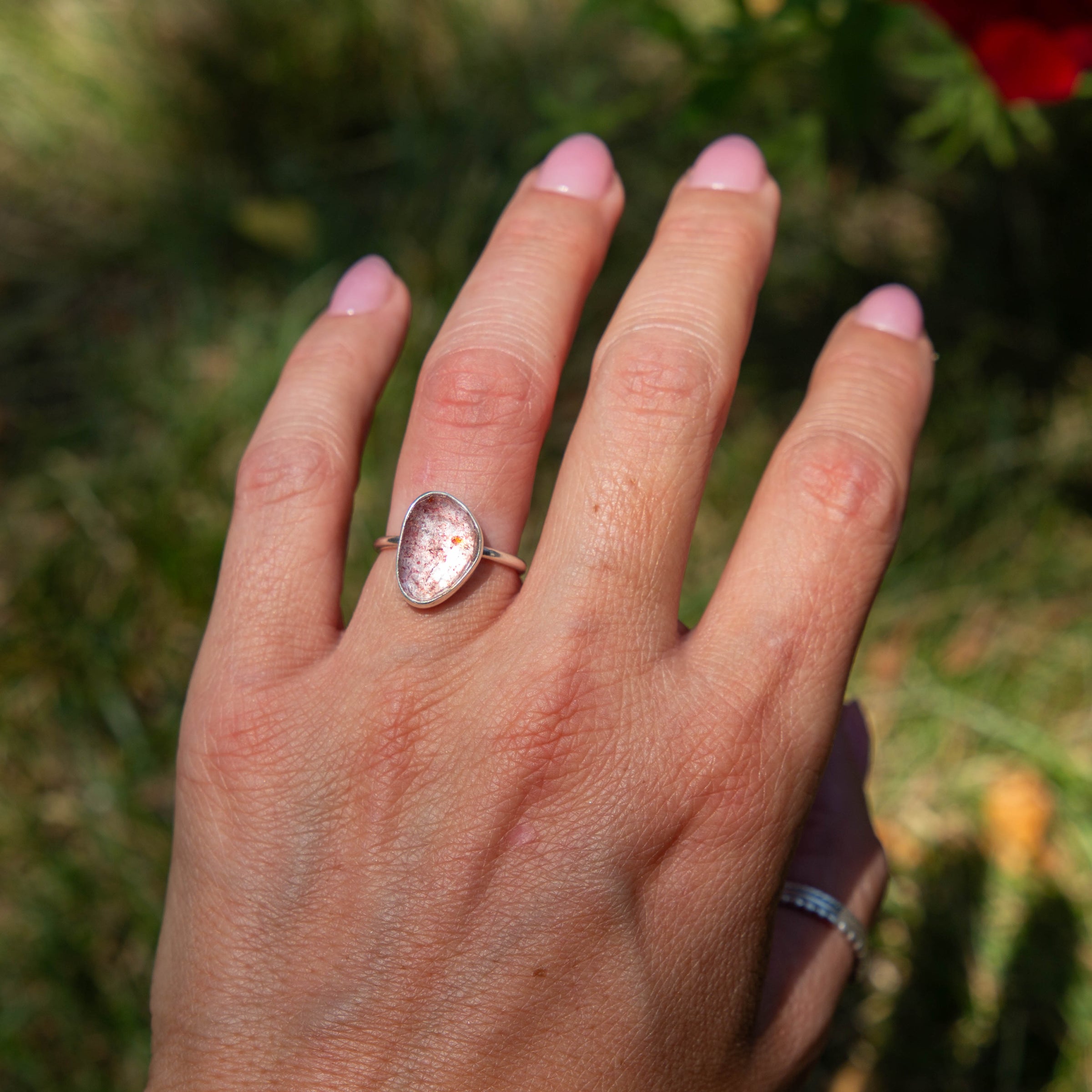 6 Strawberry Quartz Sterling Silver Stacker Ring (Size 6)