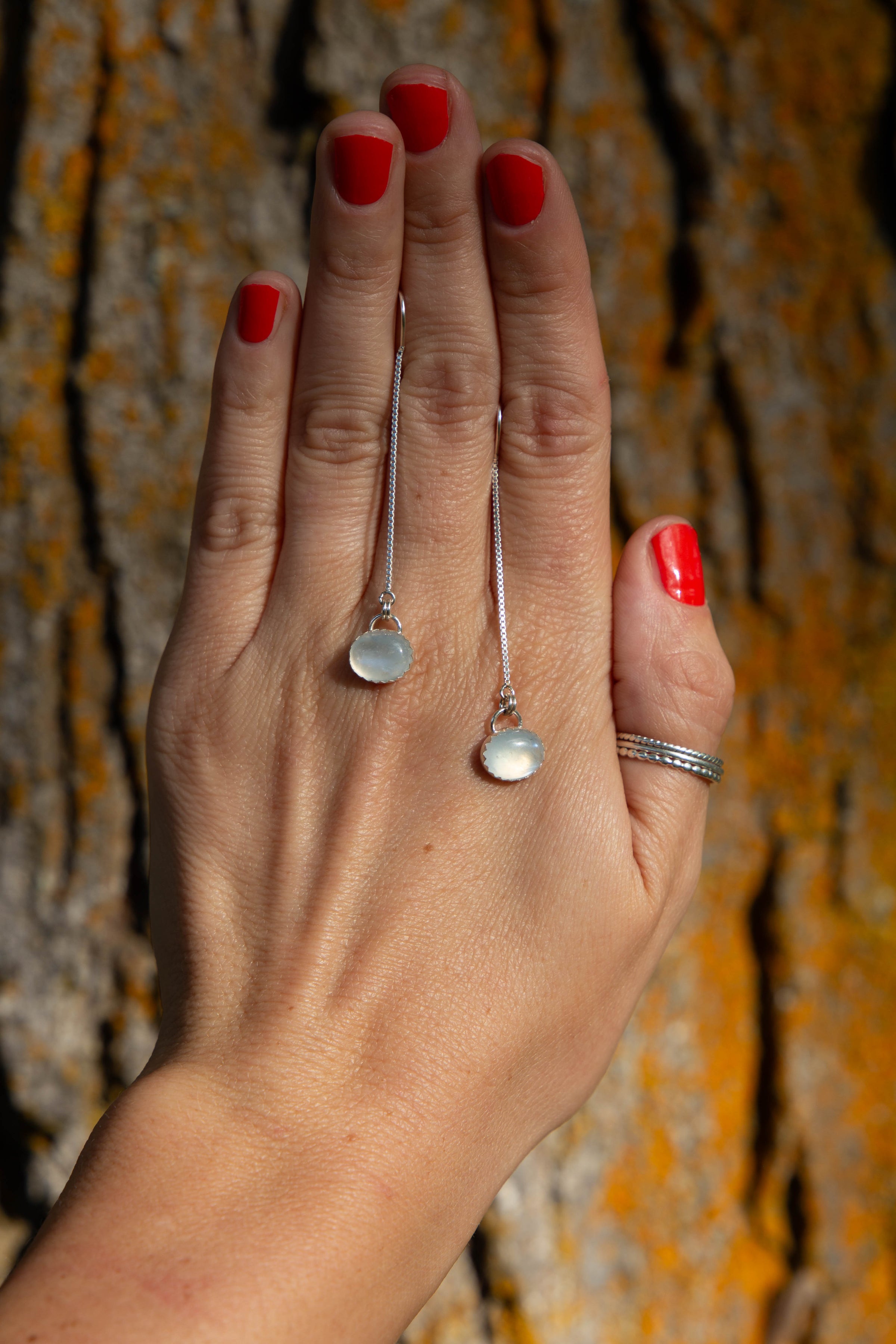 Moonstone Sterling Silver Box Chain Threader Earrings