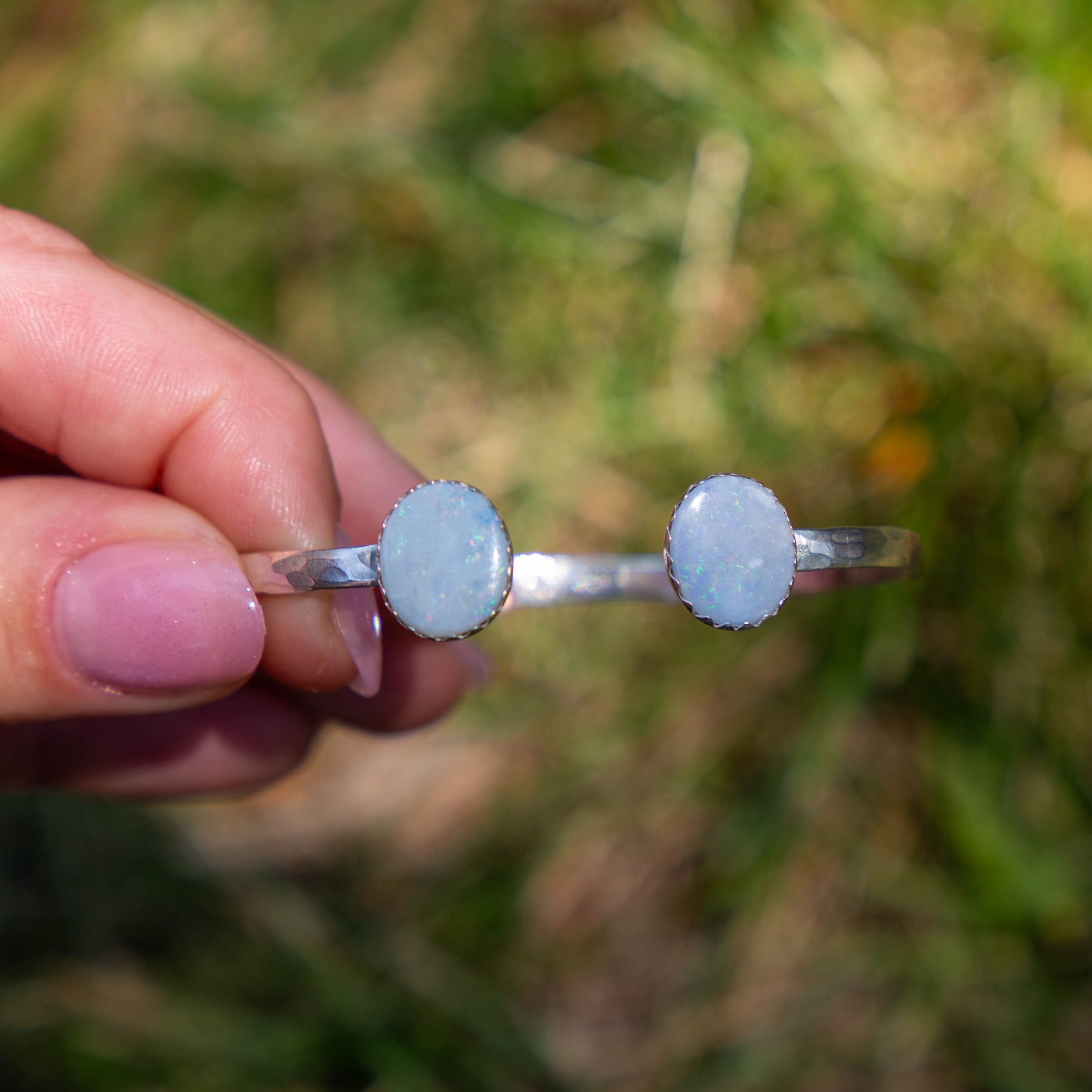 Opal Doublet Double Stone Sterling Silver Open Cuff