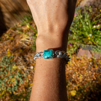 Southwest Mob Wife Chunky Sterling Silver Bracelet with Kingman Turquoise - 7.5"