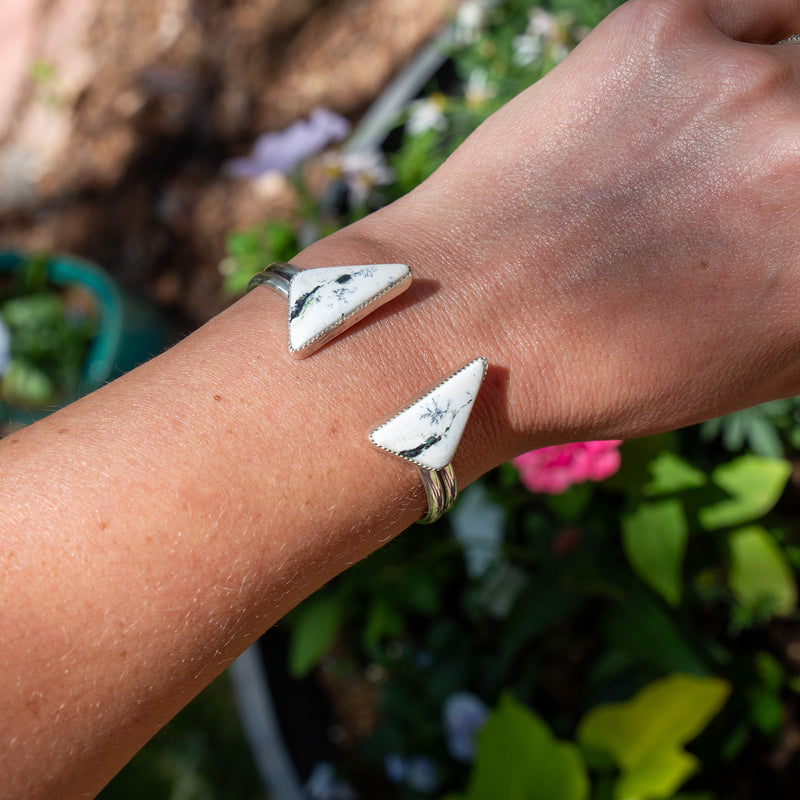 White Buffalo Triangle Double Stone Sterling Silver Open Cuff #2