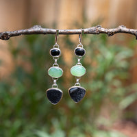 Chrysoprase, Black Onyx & Druzy Quartz Dazzling Harmony Sterling Silver Dangle Earrings