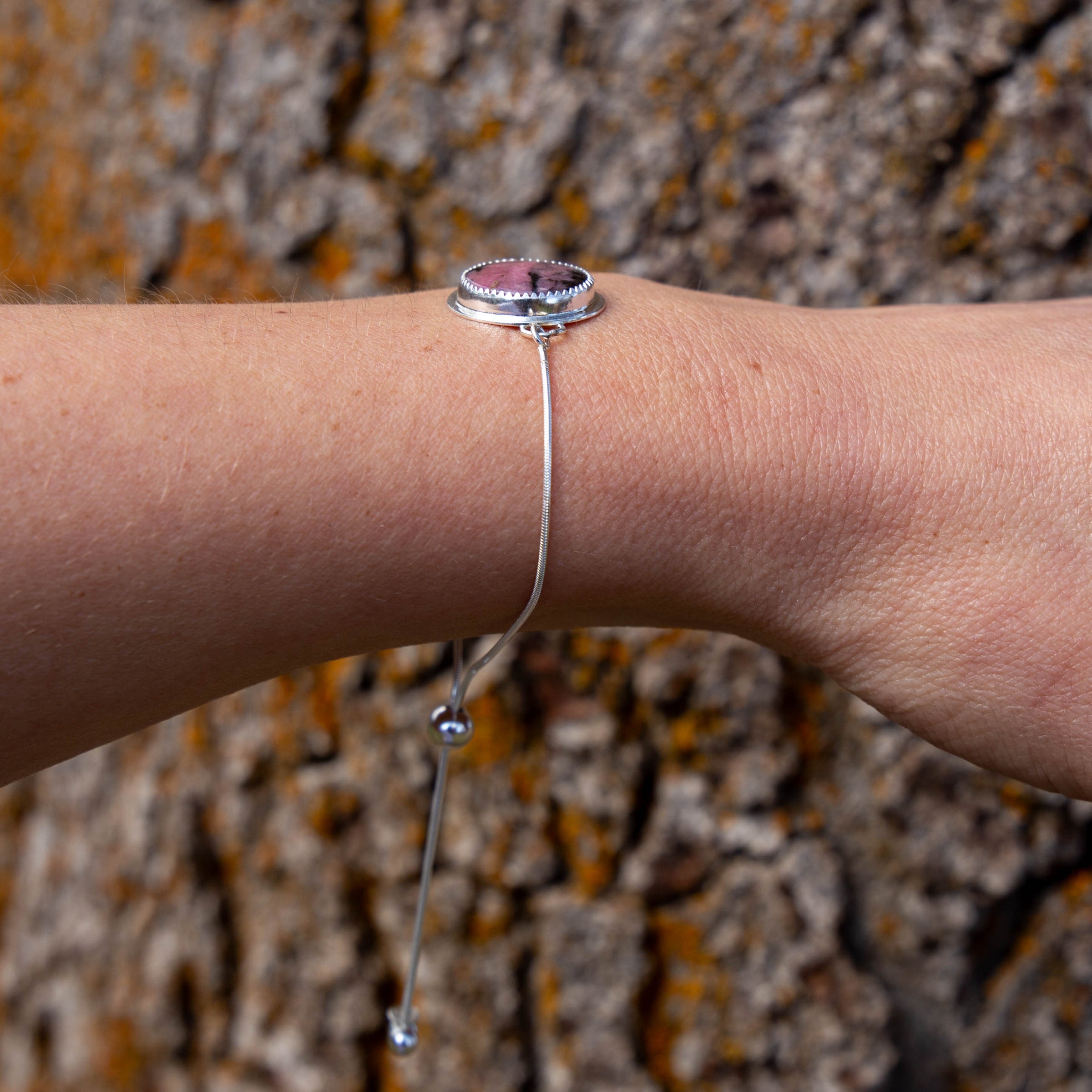 Rhodonite Sterling Silver Slider Bracelet - 8.5"