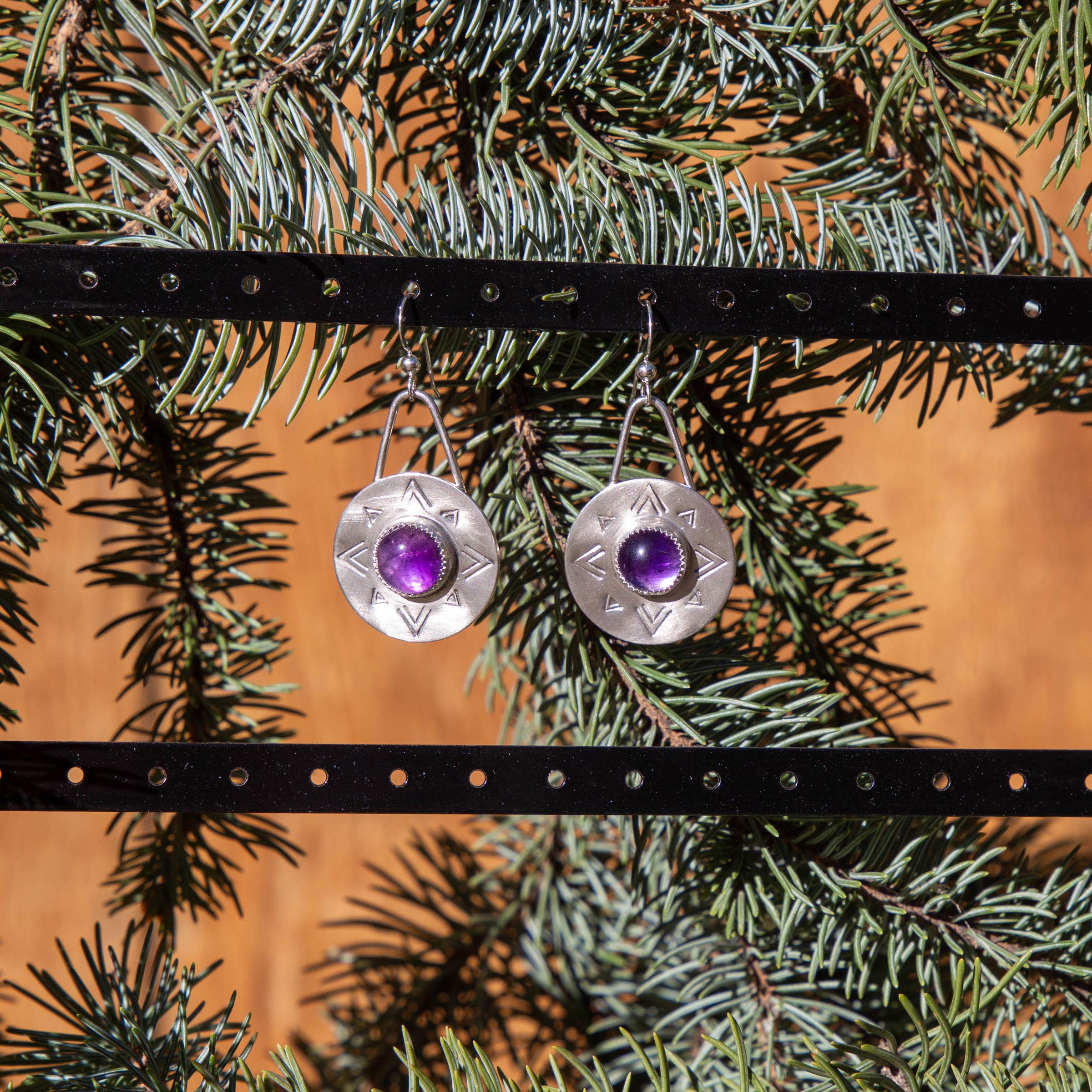 Amethyst Sterling Silver Stamped 1" Circle Earrings