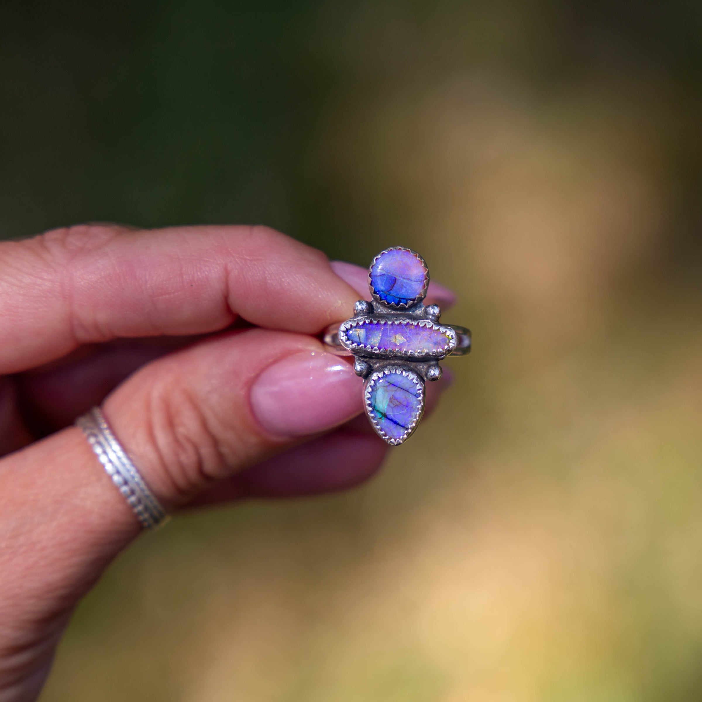 7 Triple Purple Sterling Opal Sterling Silver Statement Ring (Size 7)