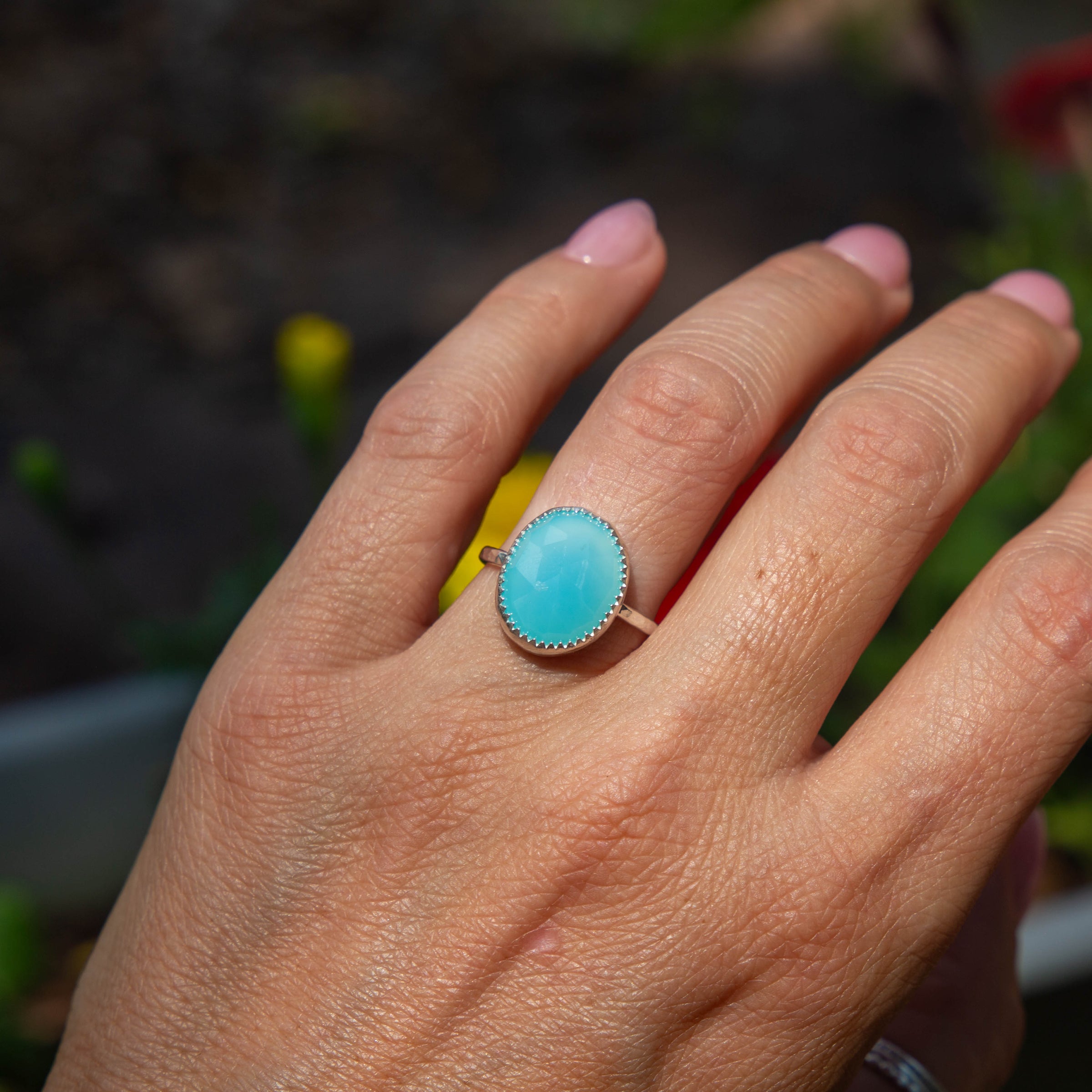 7 Light Blue Chalcedony Sterling Silver Stacker Ring (Size 7)