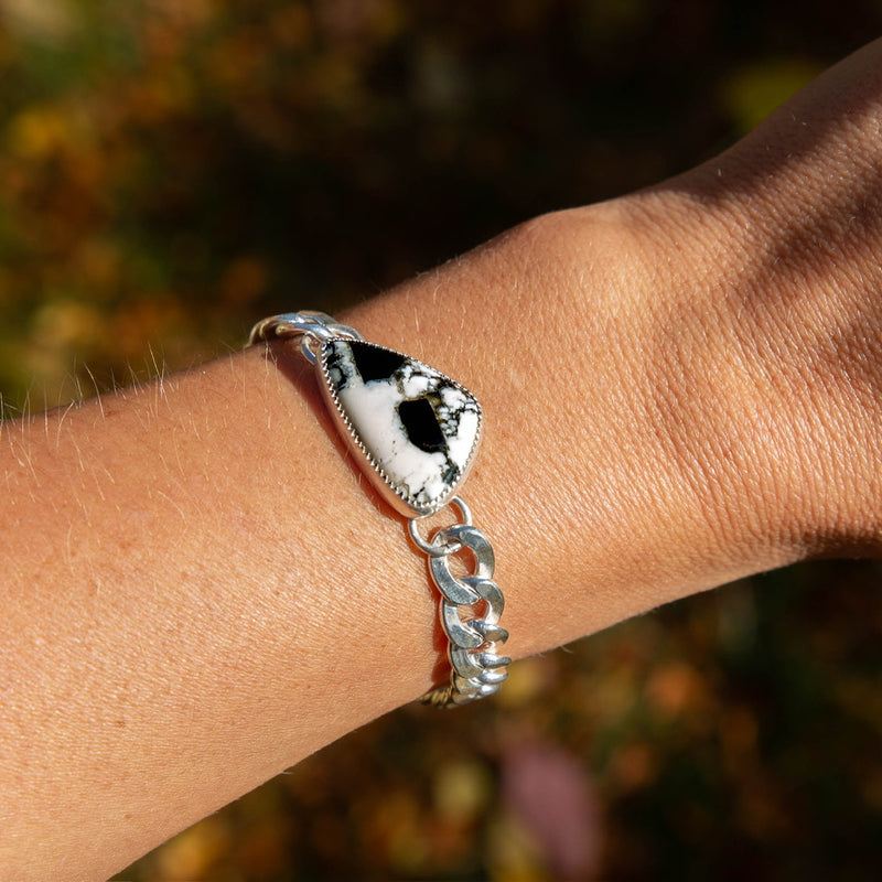 Southwest Mob Wife Chunky Mini Sterling Silver Bracelet with White Buffalo Turquoise - 7.25"