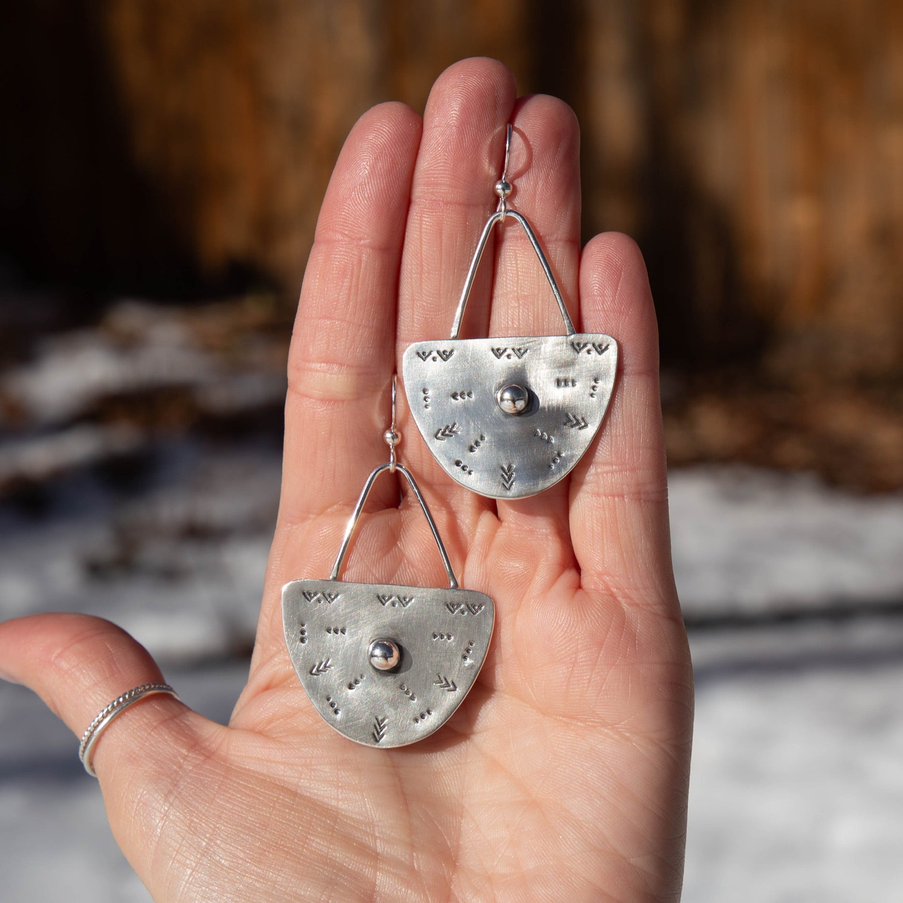 Half Oval Stamped Sterling Silver Earrings