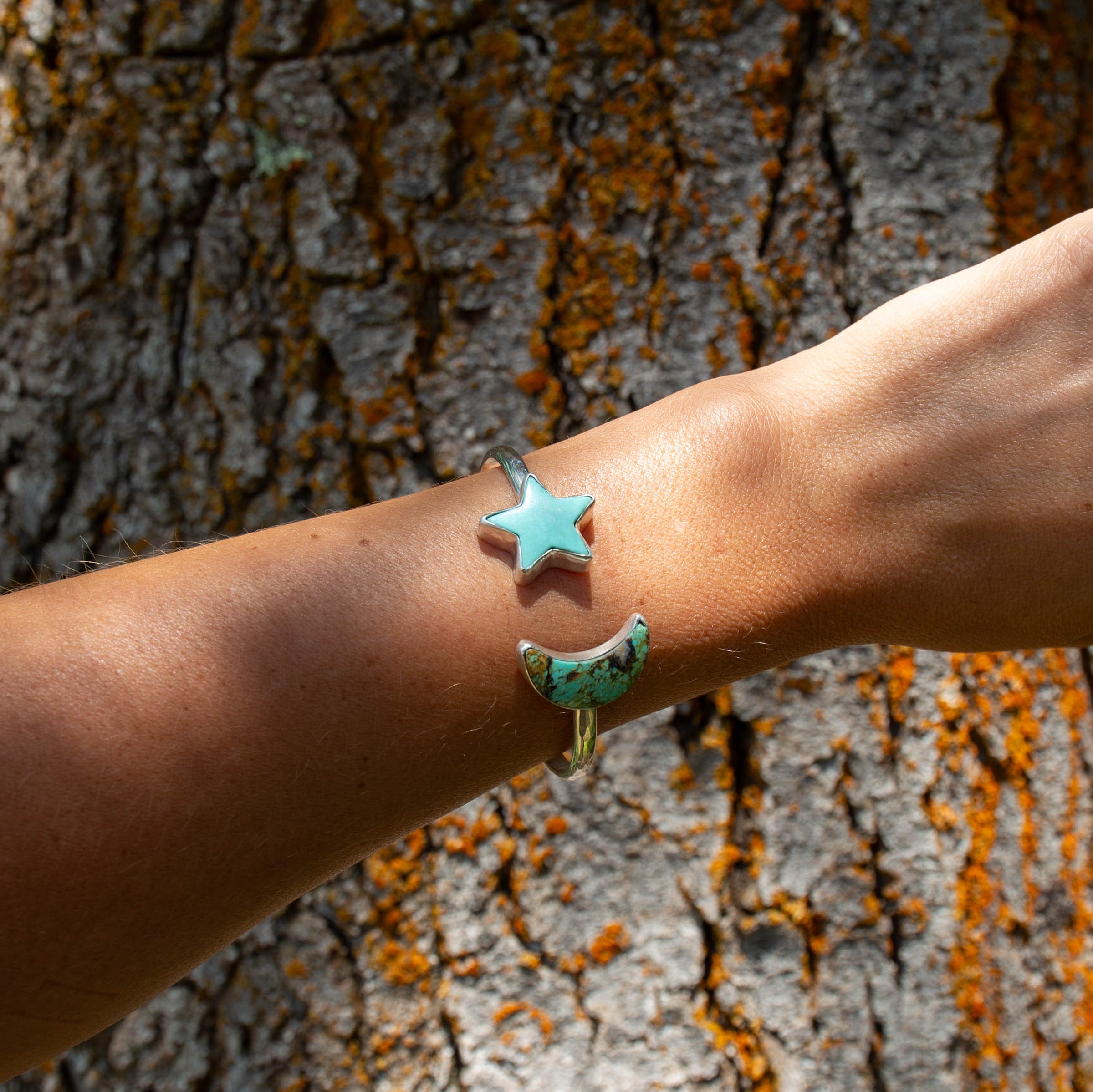 Moon & Star Campitos Turquoise Double Stone Sterling Silver Open Cuff