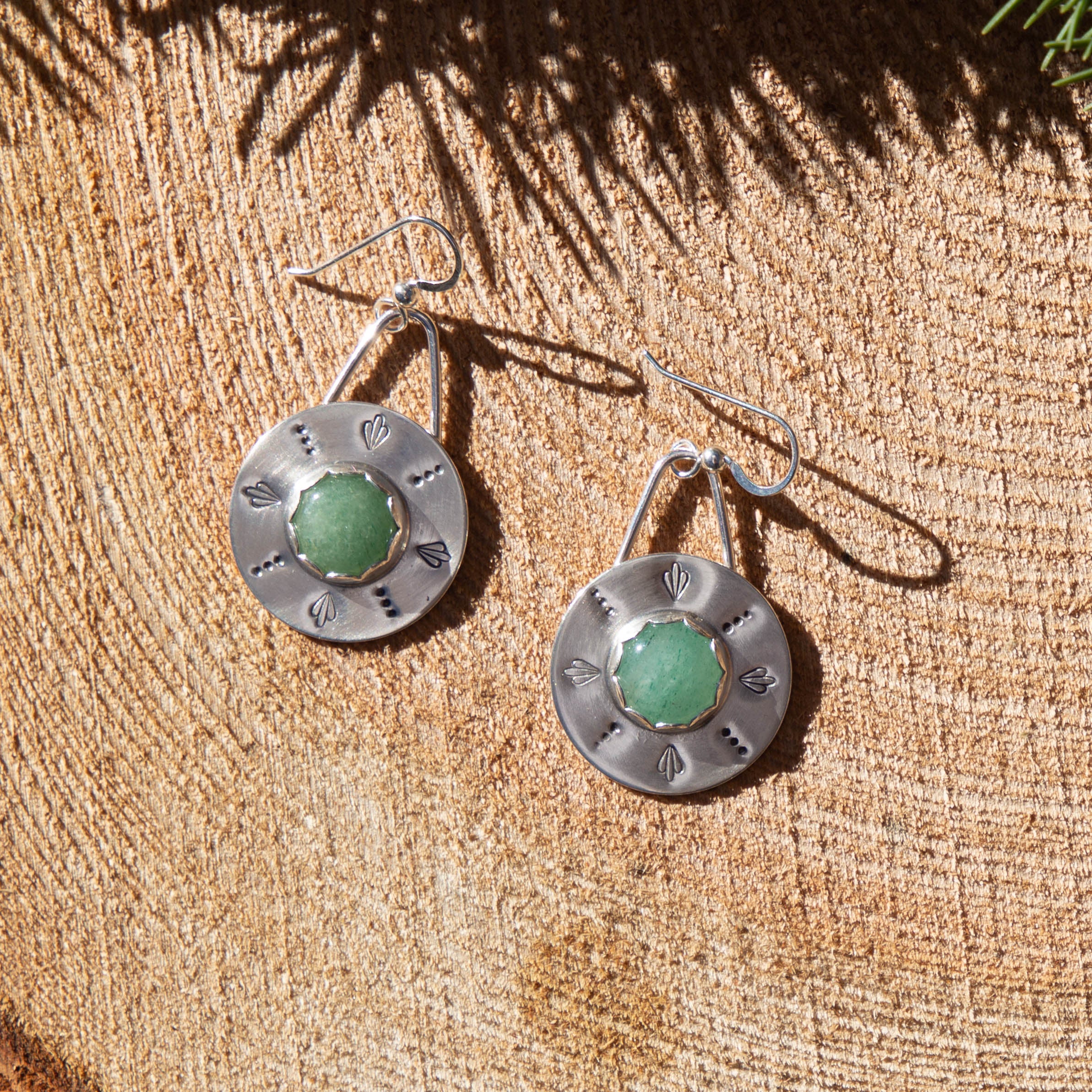 Aventurine Sterling Silver Stamped 1" Circle Earrings