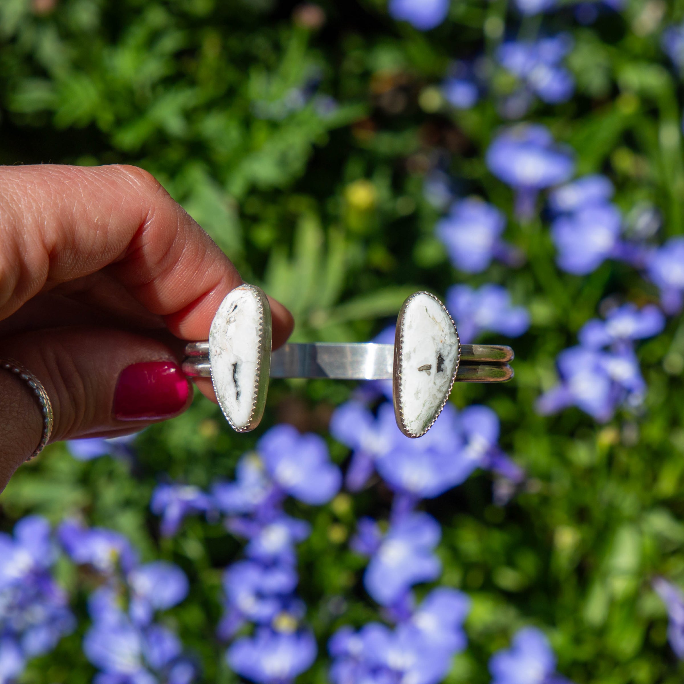 White Buffalo Double Stone Sterling Silver Open Cuff