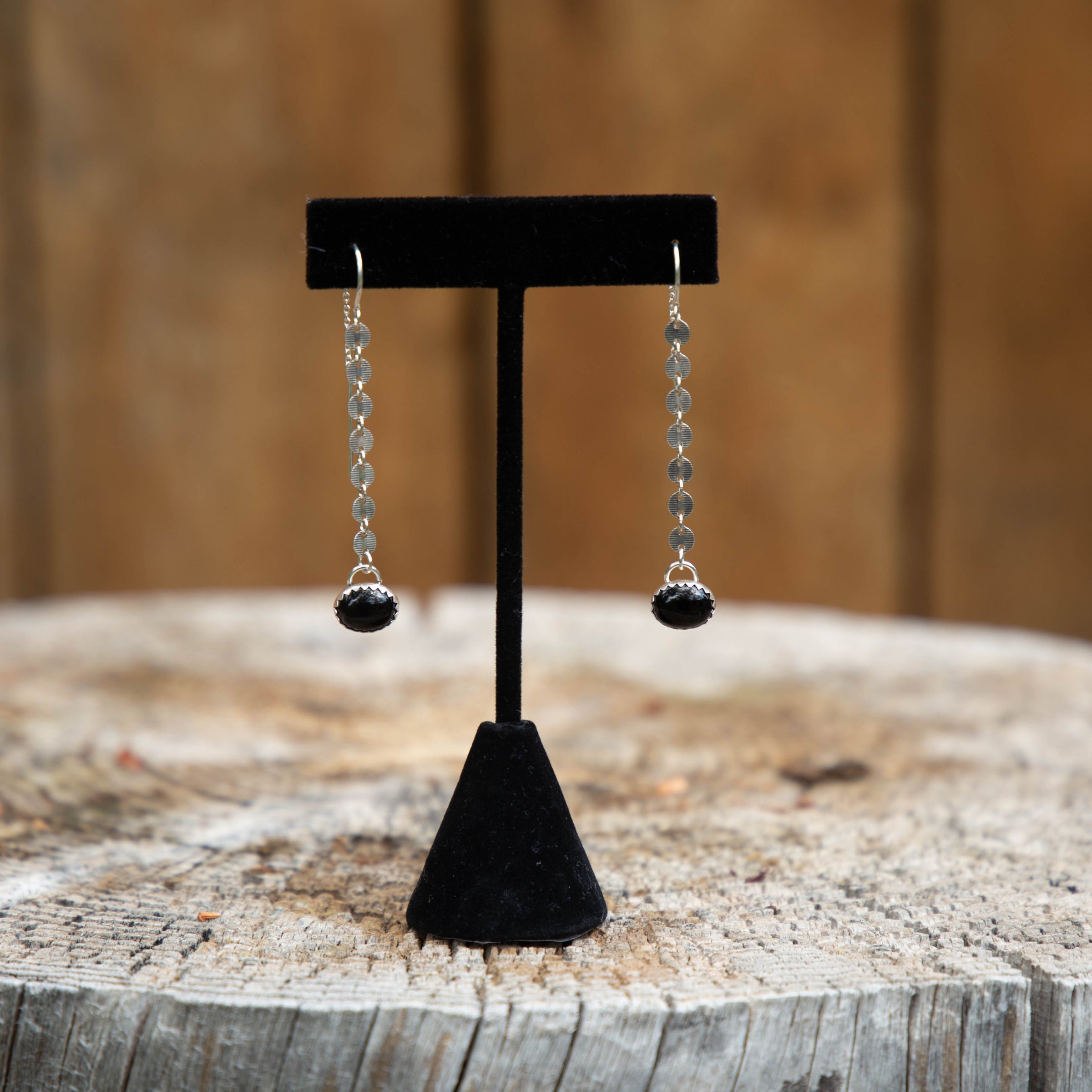 Black Onyx Oxidized Coin Chain Sterling Silver Threader Earrings