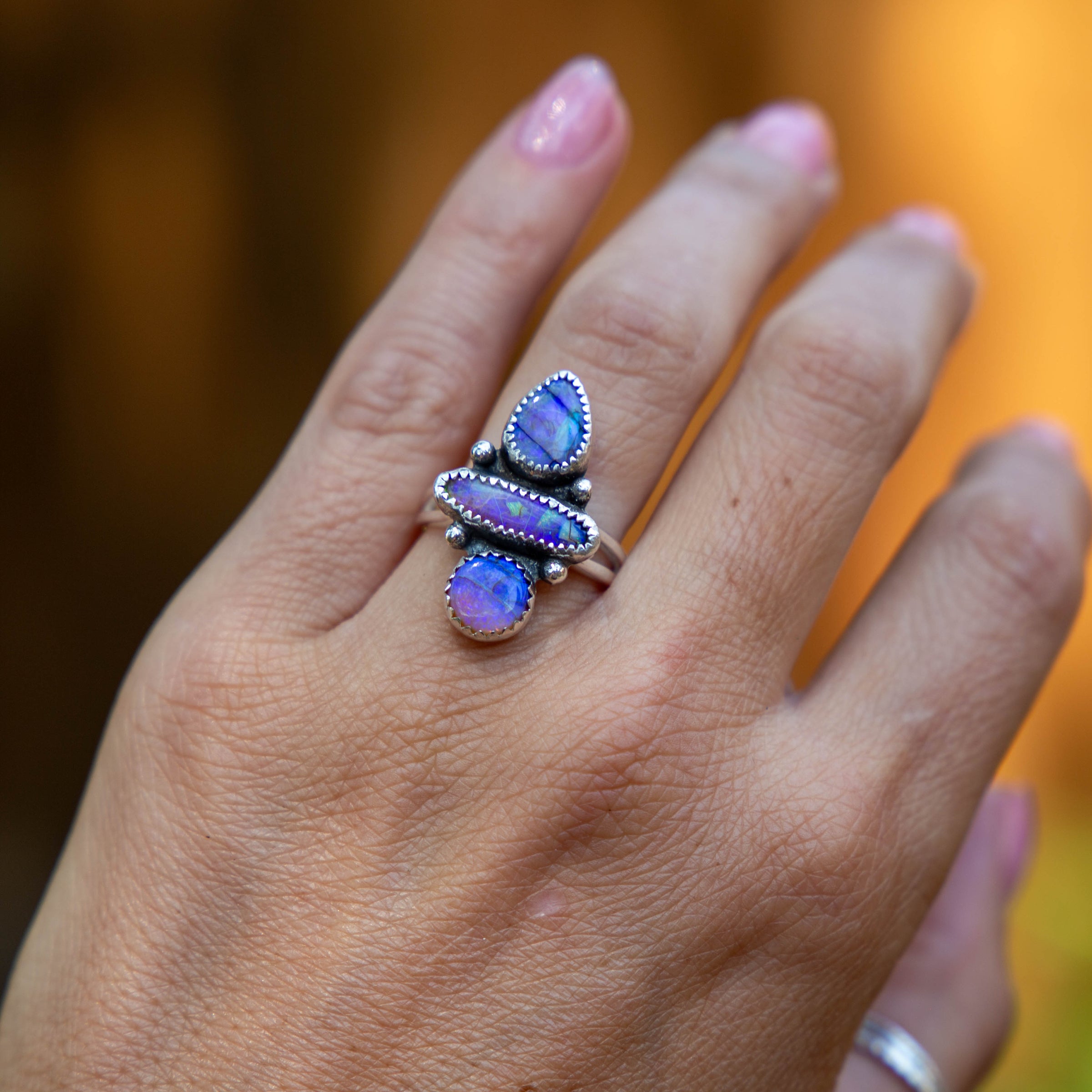 7 Triple Purple Sterling Opal Sterling Silver Statement Ring (Size 7)