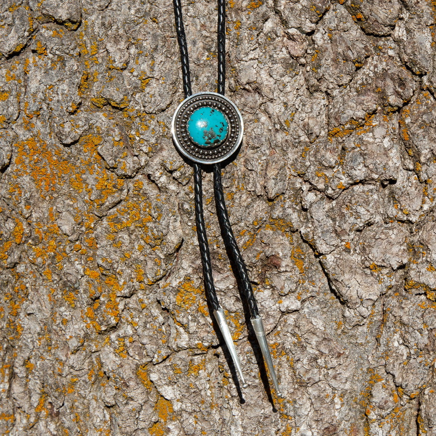 42" Campitos Turquoise Sterling Silver Circle Leather Bolo
