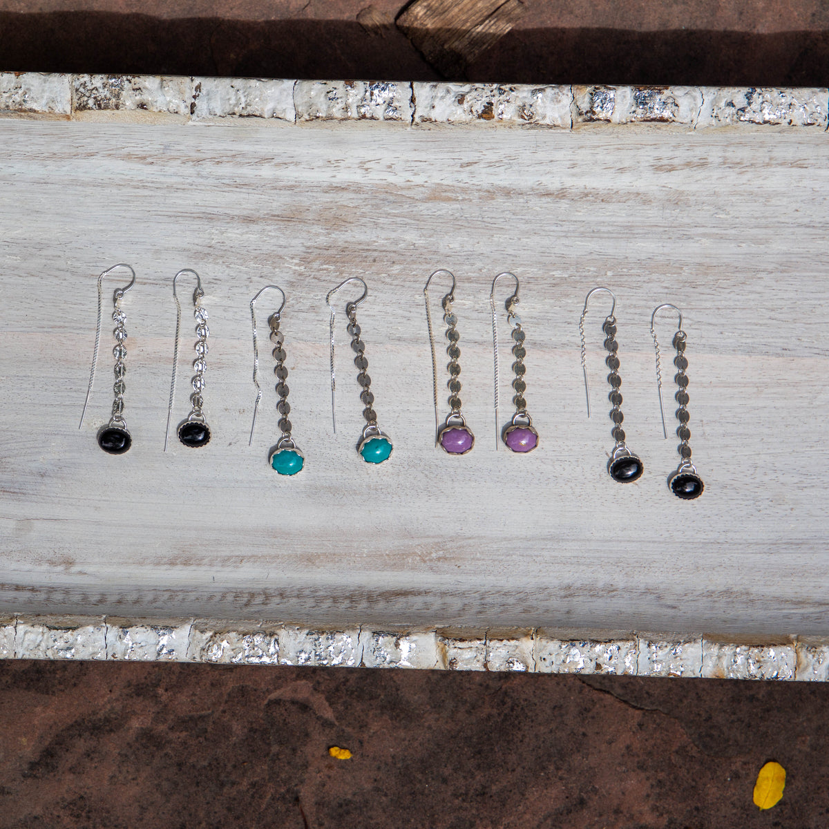Black Onyx Oxidized Coin Chain Sterling Silver Threader Earrings