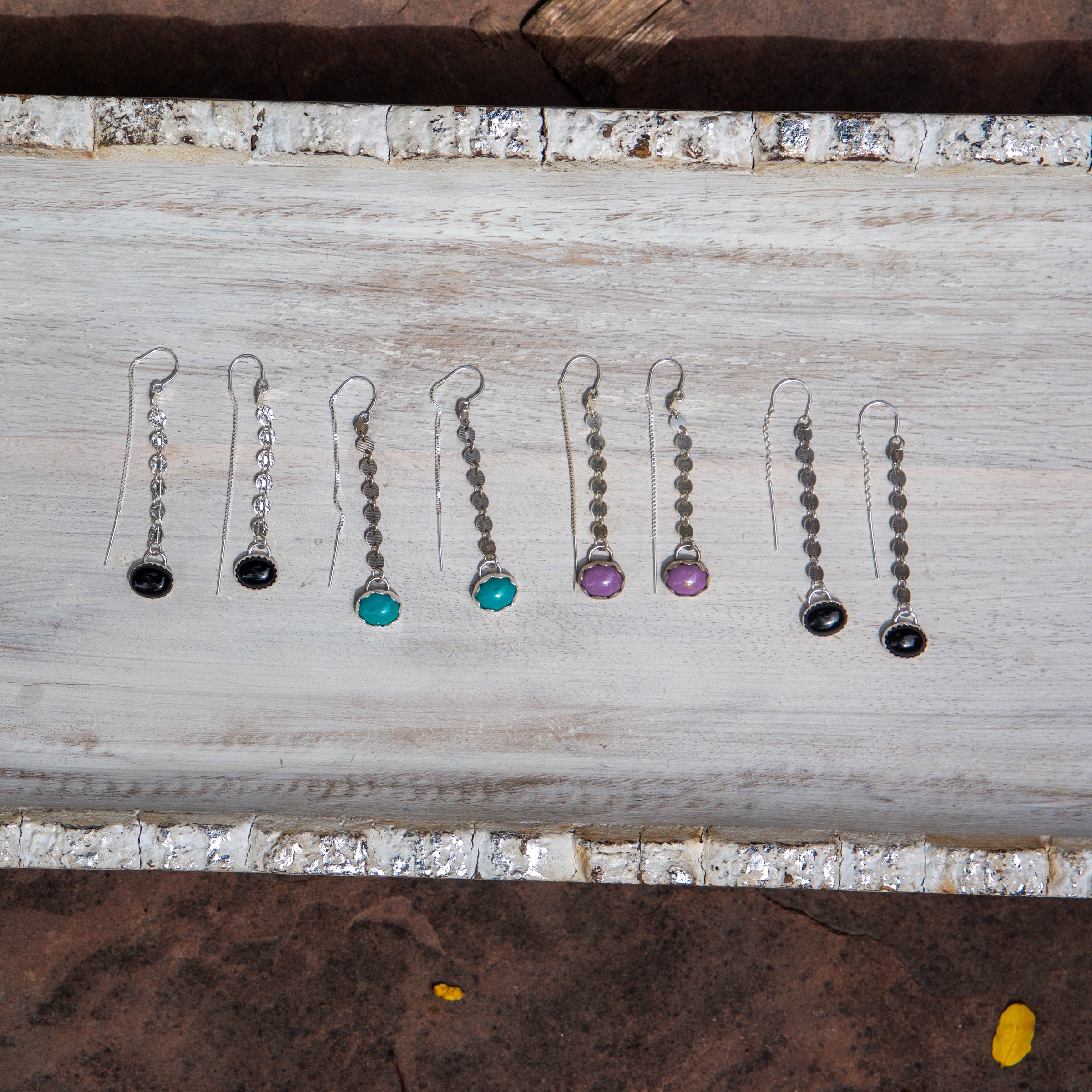 Chinese Turquoise Oxidized Coin Chain Sterling Silver Threader Earrings