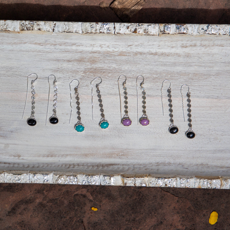 Chinese Turquoise Oxidized Coin Chain Sterling Silver Threader Earrings