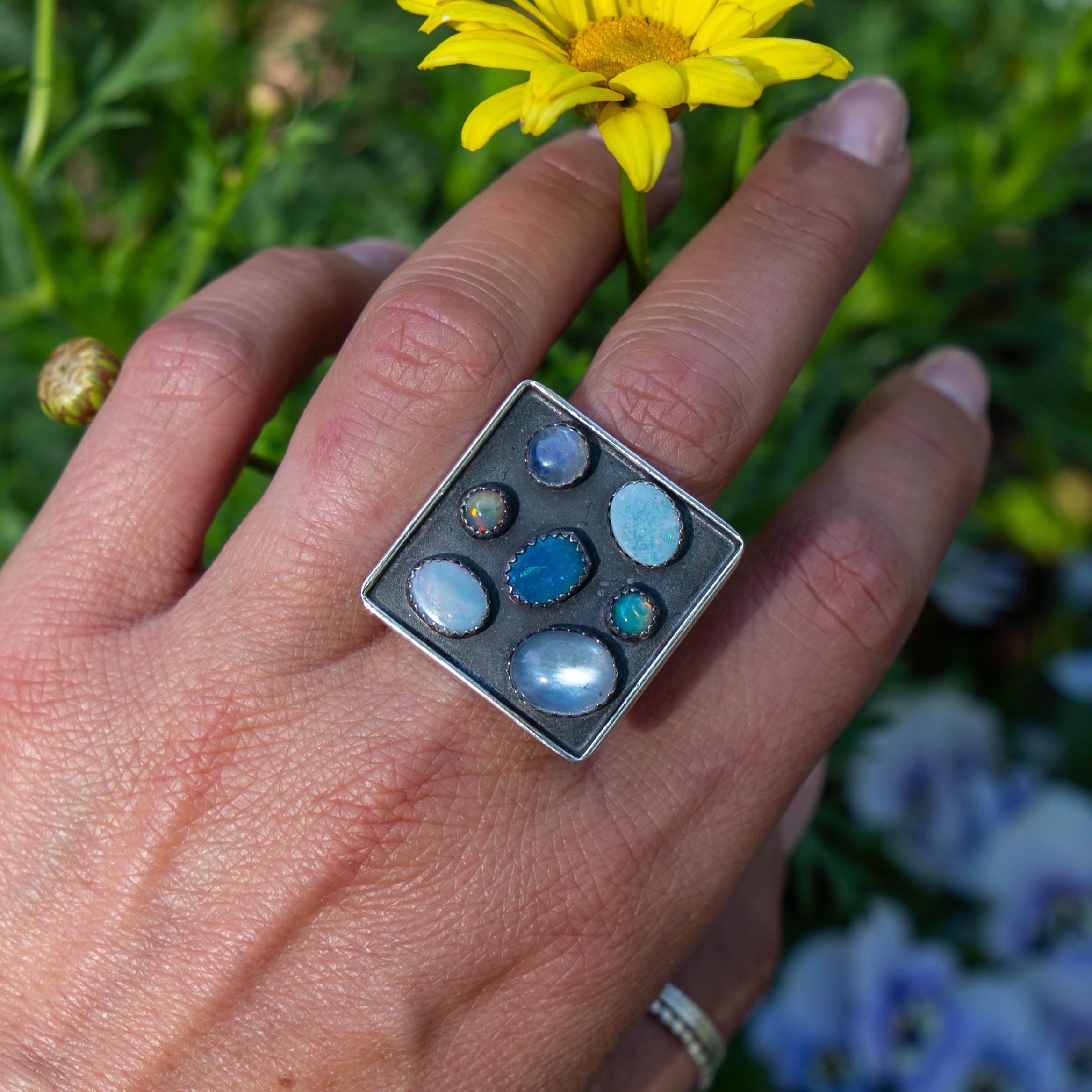 7.5 Opal & Moonstone Multi-Stone Square Sterling Silver Cluster Statement Ring (Size 7.5)