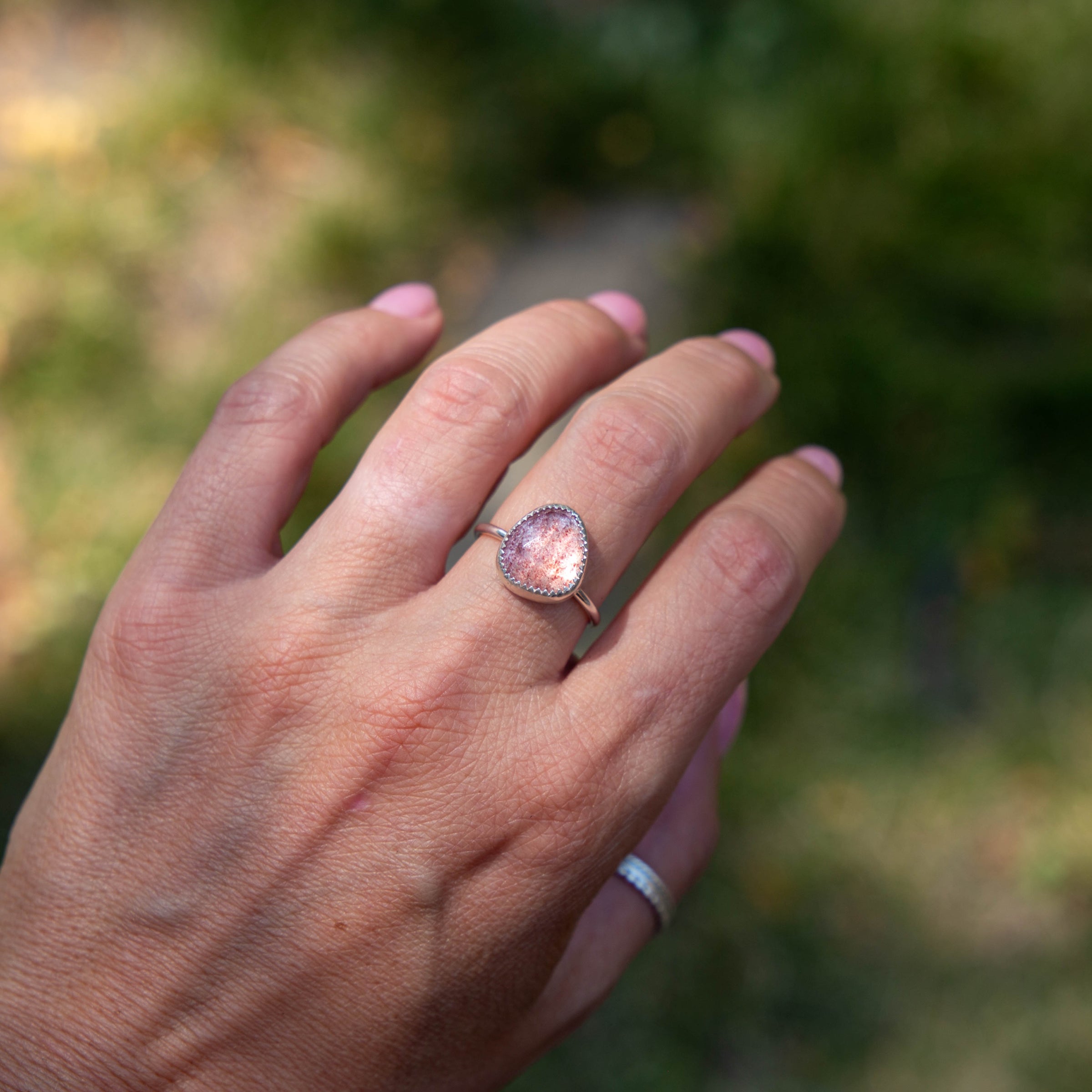 8 Strawberry Quartz Sterling Silver Stacker Ring (Size 8)