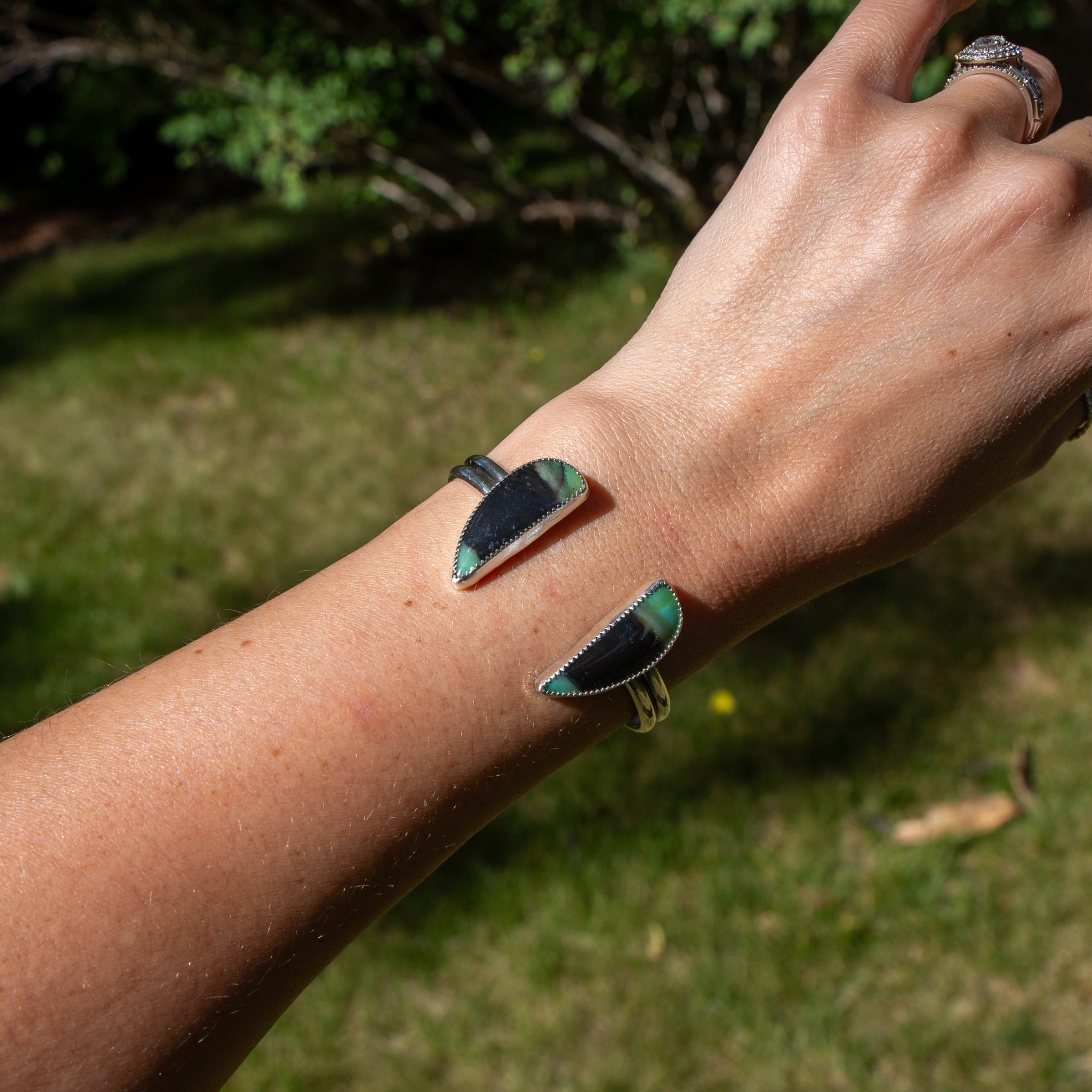 Opalized Petrified Wood Double Stone Sterling Silver Open Cuff