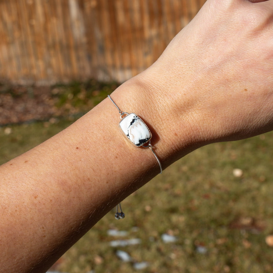 White Buffalo Turquoise Sterling Silver Slider Adjustable Bracelet -8.5"