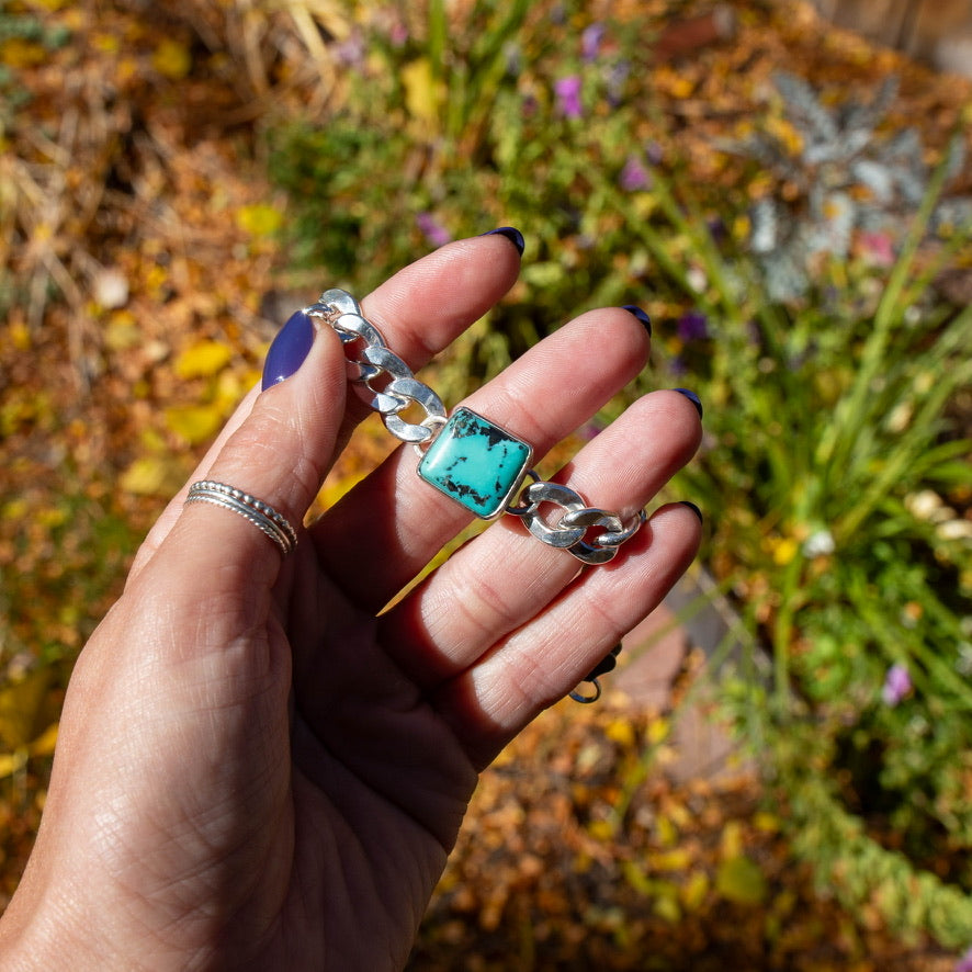 Southwest Mob Wife Chunky Sterling Silver Bracelet with Kingman Turquoise - 7.5"