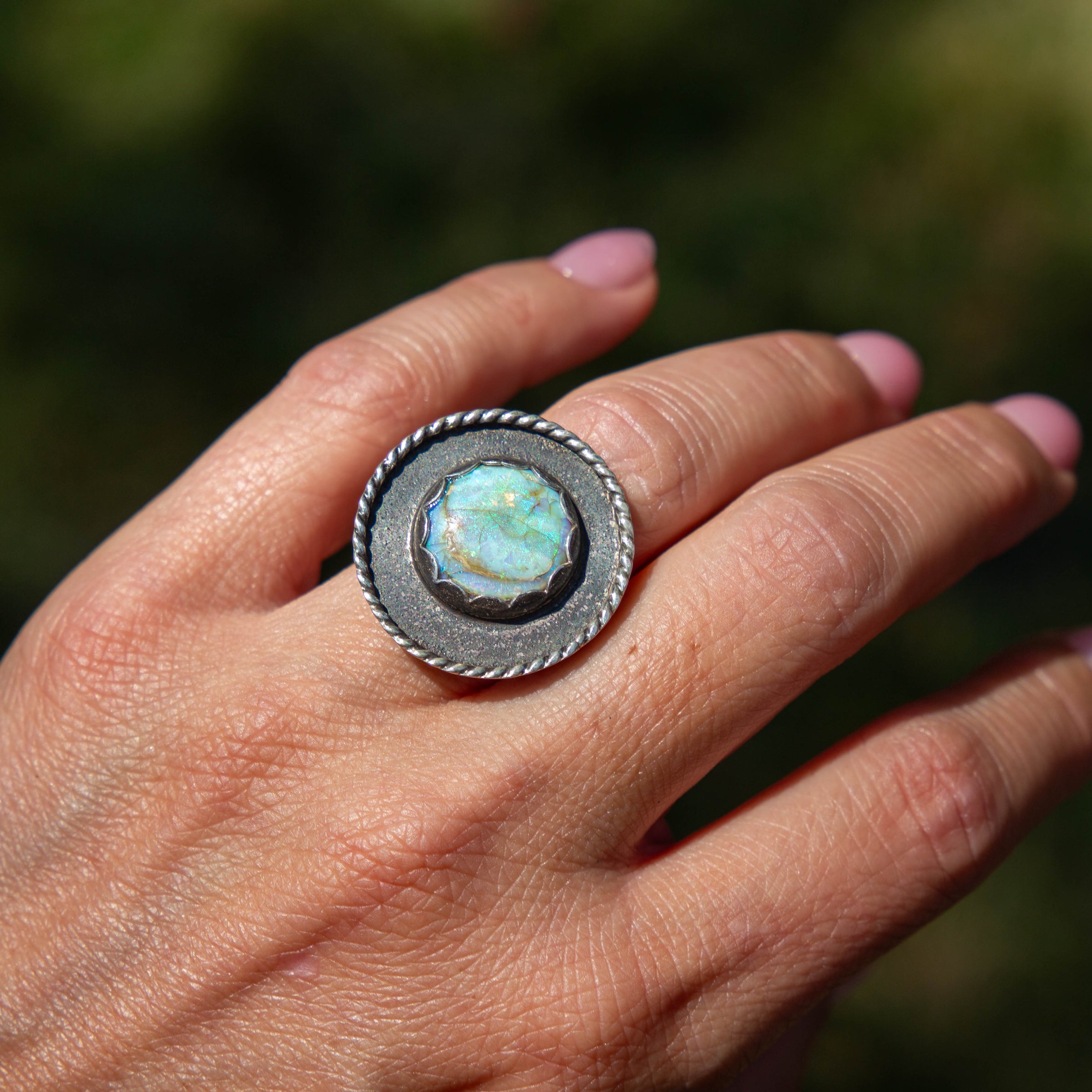 6.5 Sterling Opal Sterling Silver Circle Statement Ring (Size 6.5)