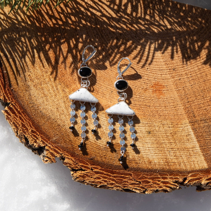 White Buffalo & Black Onyx Sterling Silver Dangle Earrings