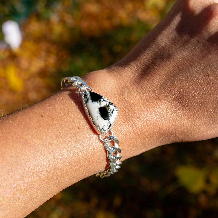 Southwest Mob Wife Chunky Mini Sterling Silver Bracelet with White Buffalo Turquoise - 7.25"